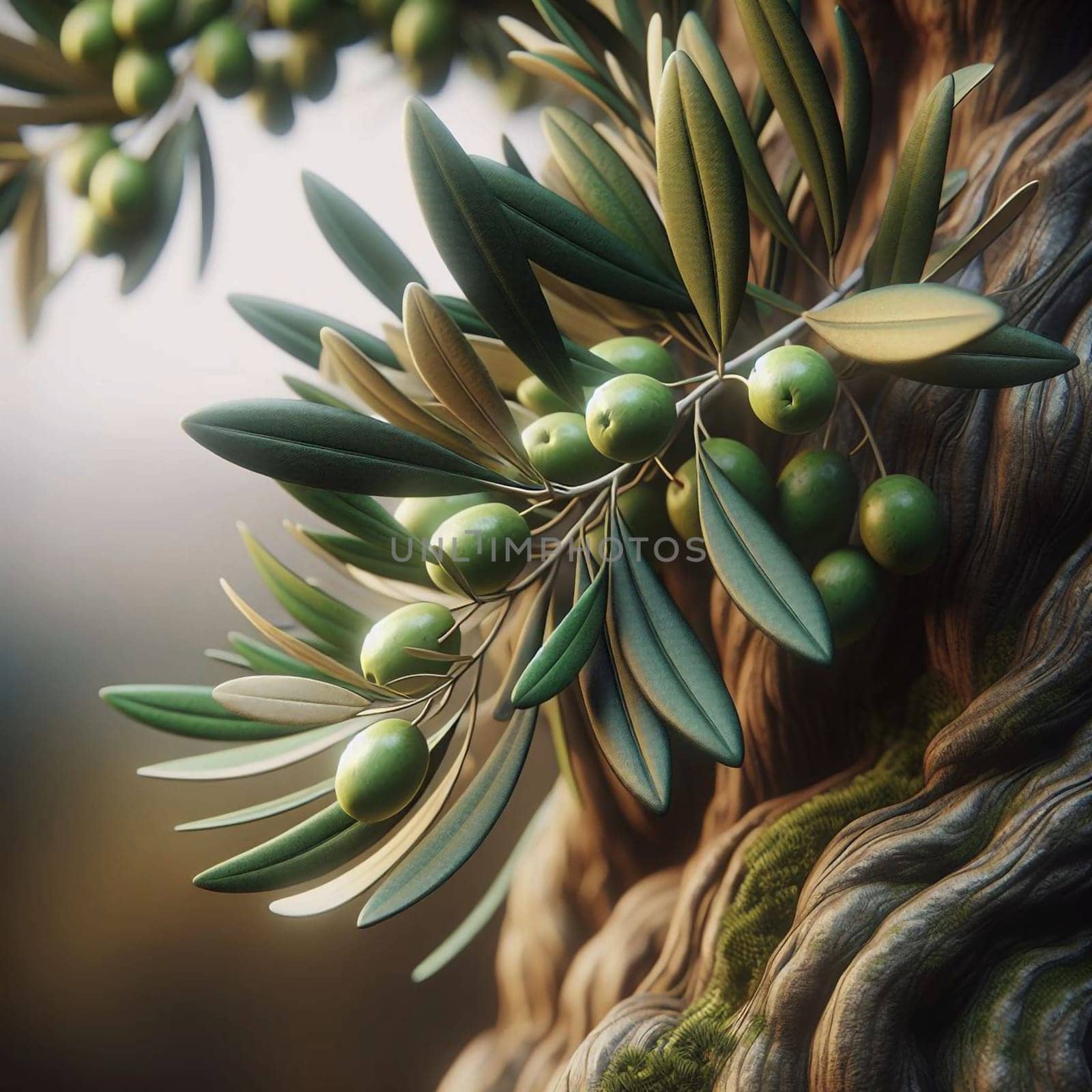 A close-up of a branch of an olive tree, with green olives and leaves, representing the beauty and bounty of nature. A high-quality photo.