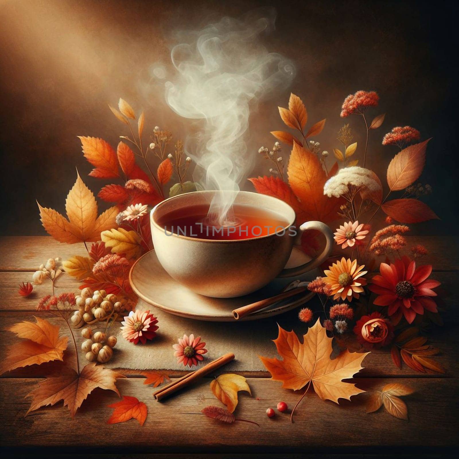 A cup of steaming tea surrounded by autumn leaves, flowers, and cinnamon sticks, representing a cozy and comforting autumn scene. A high-quality photo.