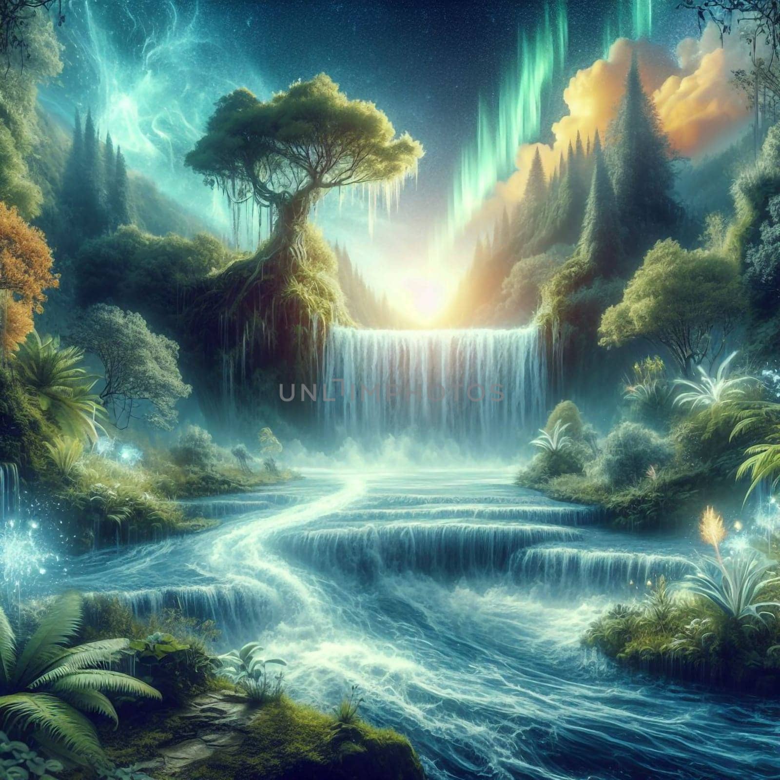 A magical forest scene with a waterfall, a tree, and a magical aurora borealis, representing a whimsical and ethereal landscape. A high-quality photo.
