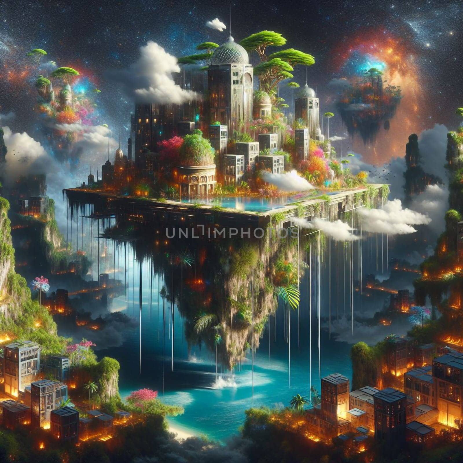 A floating island city with lush greenery and structures, representing a futuristic and utopian concept. A high-quality photo.