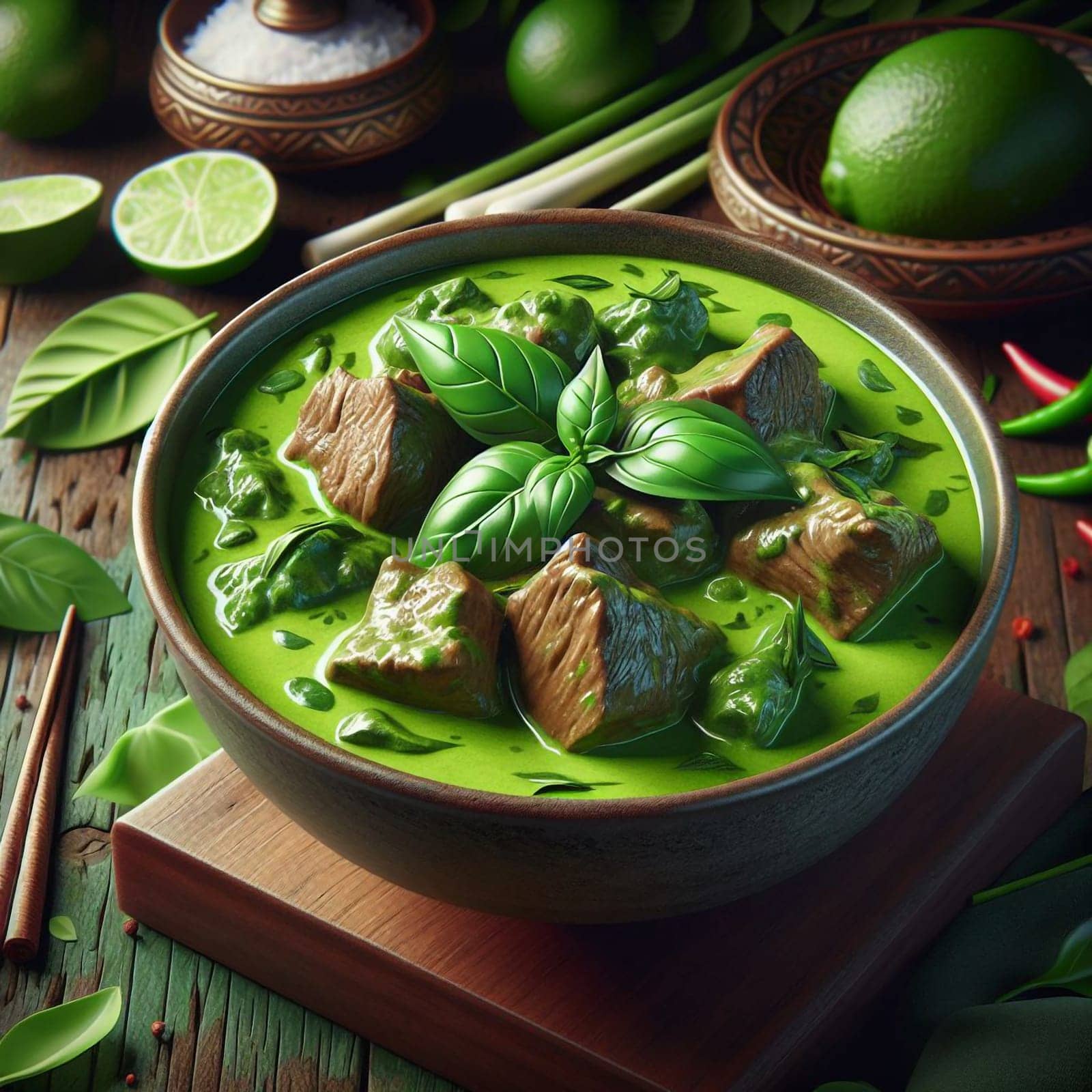 A bowl of green curry with beef and basil, representing a delicious and flavorful Thai dish. A high-quality photo.