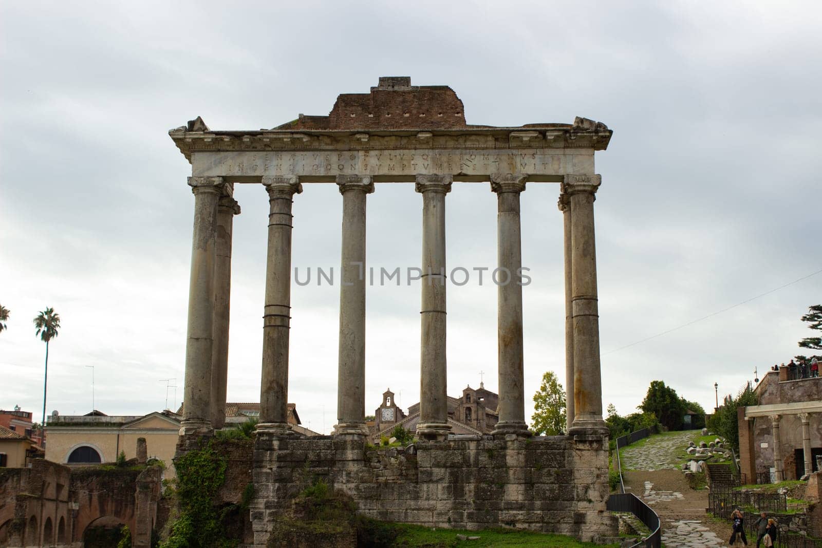 11 11 2023 Italy, Rome, Via dell Arco di Settimio, view of the ruins of the temple Temple of Vespasian and Titus (Tempio di Vespasiano e Tito