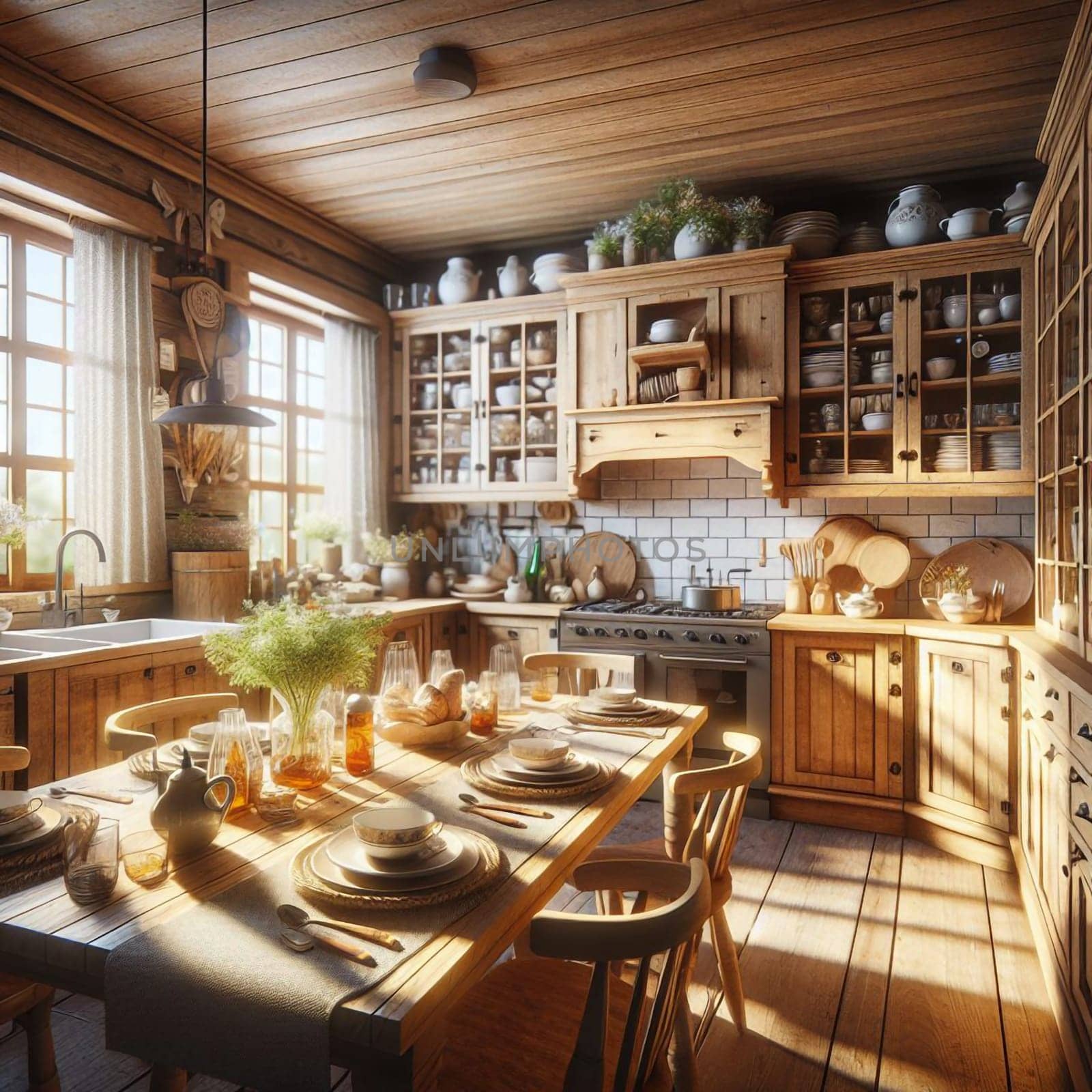 A cozy, rustic kitchen with wooden cabinets, a dining table, and warm sunlight streaming through the window, representing a welcoming and comfortable space. A high-quality photo.