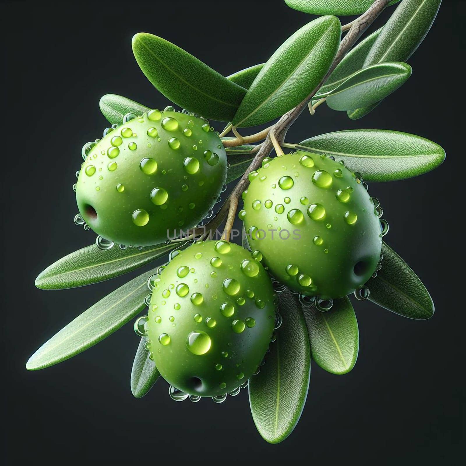 A close-up of a branch of an olive tree with green olives covered in water droplets, representing freshness, natural beauty, and the bounty of nature. A high-quality photo.