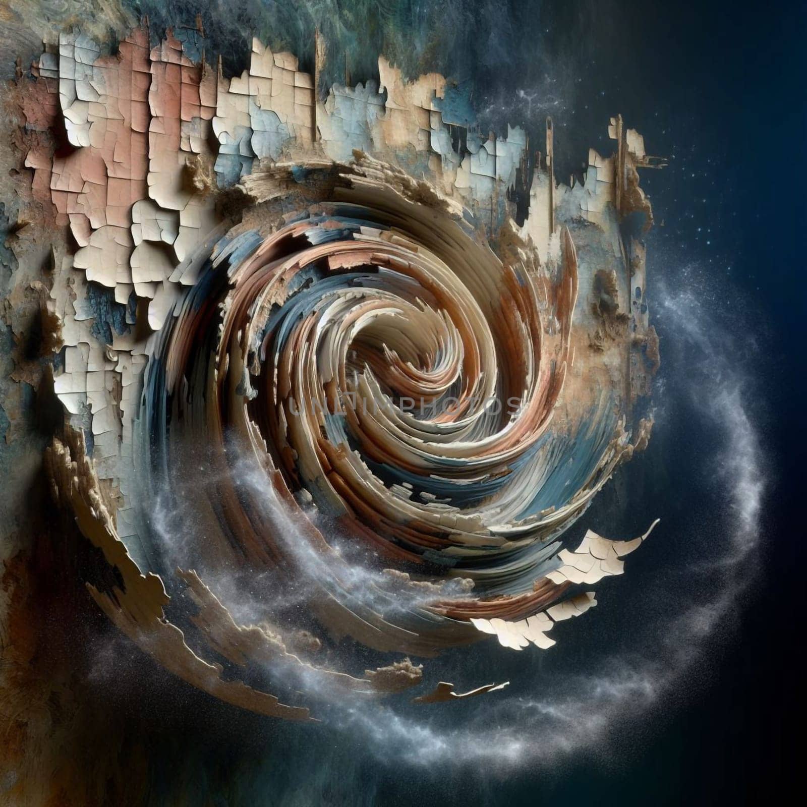 Abstract digital art depicting a swirling vortex of peeling paint and textures, representing a sense of chaos and change. A high-quality photo.