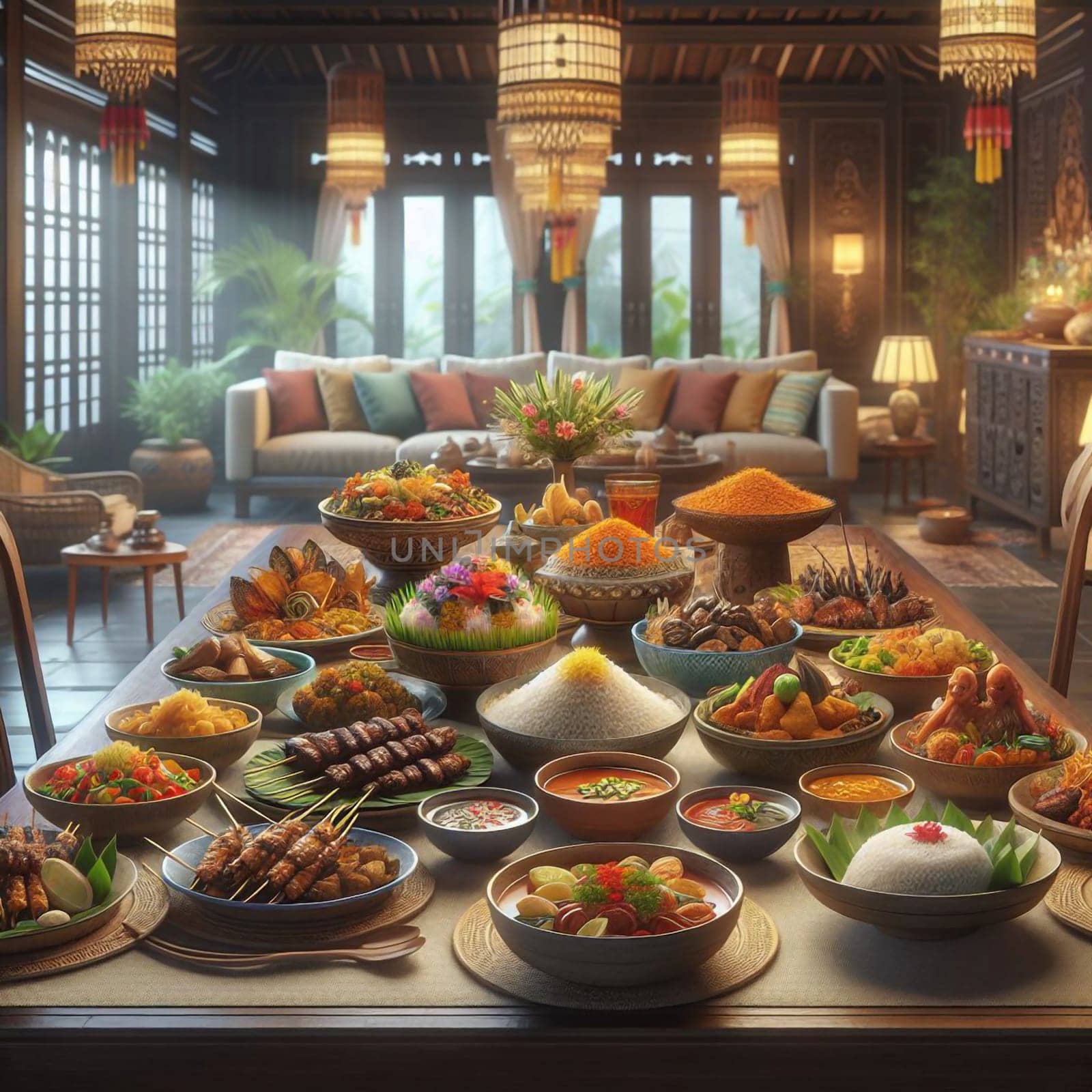 A table laden with a feast of Asian cuisine, set in a traditional, elegant dining room, representing a celebration of food and culture. A high-quality photo.