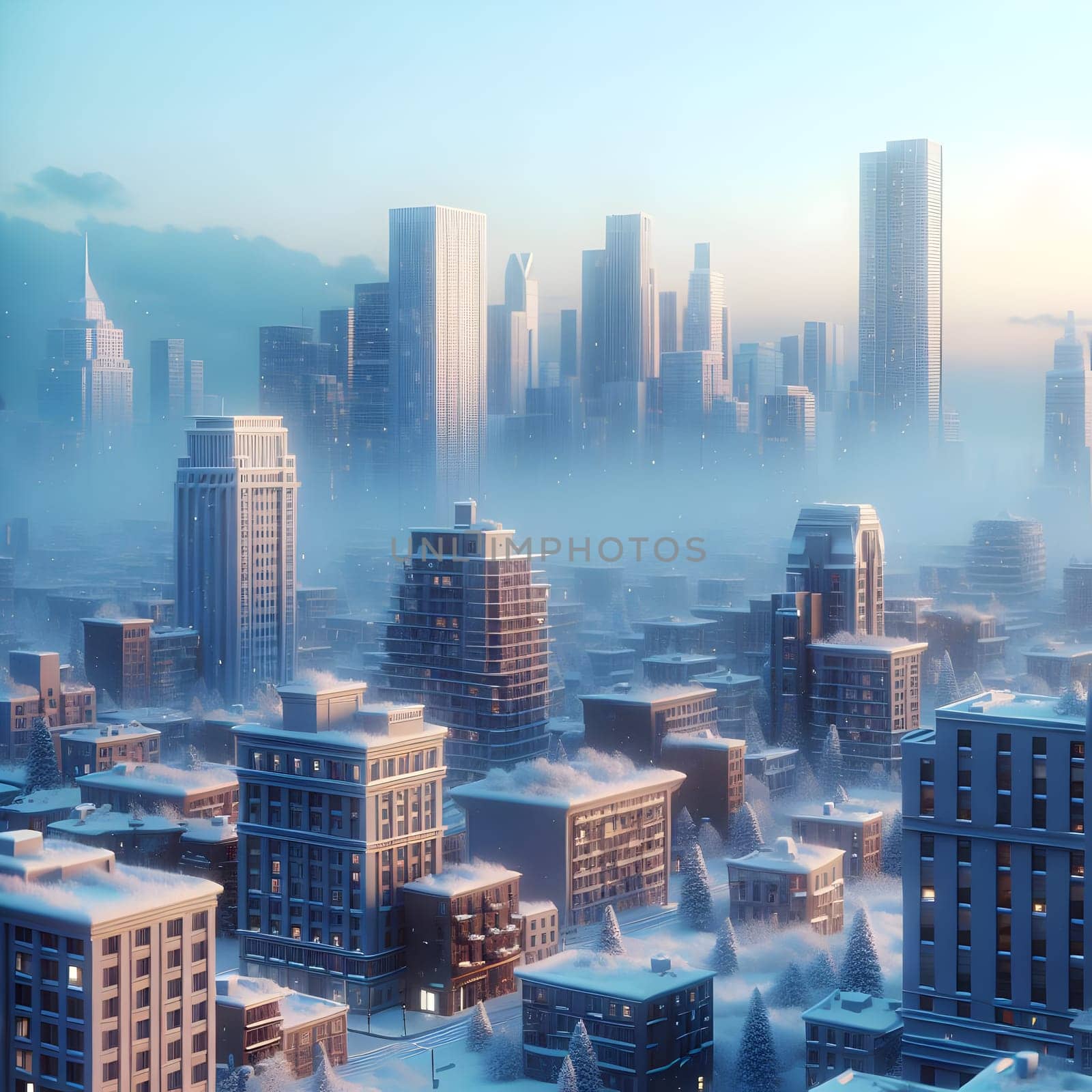 A snowy cityscape with tall buildings in the background, with a soft blue glow from the sky. The scene is tranquil and peaceful, with a sense of wintery charm. A high-quality photo.