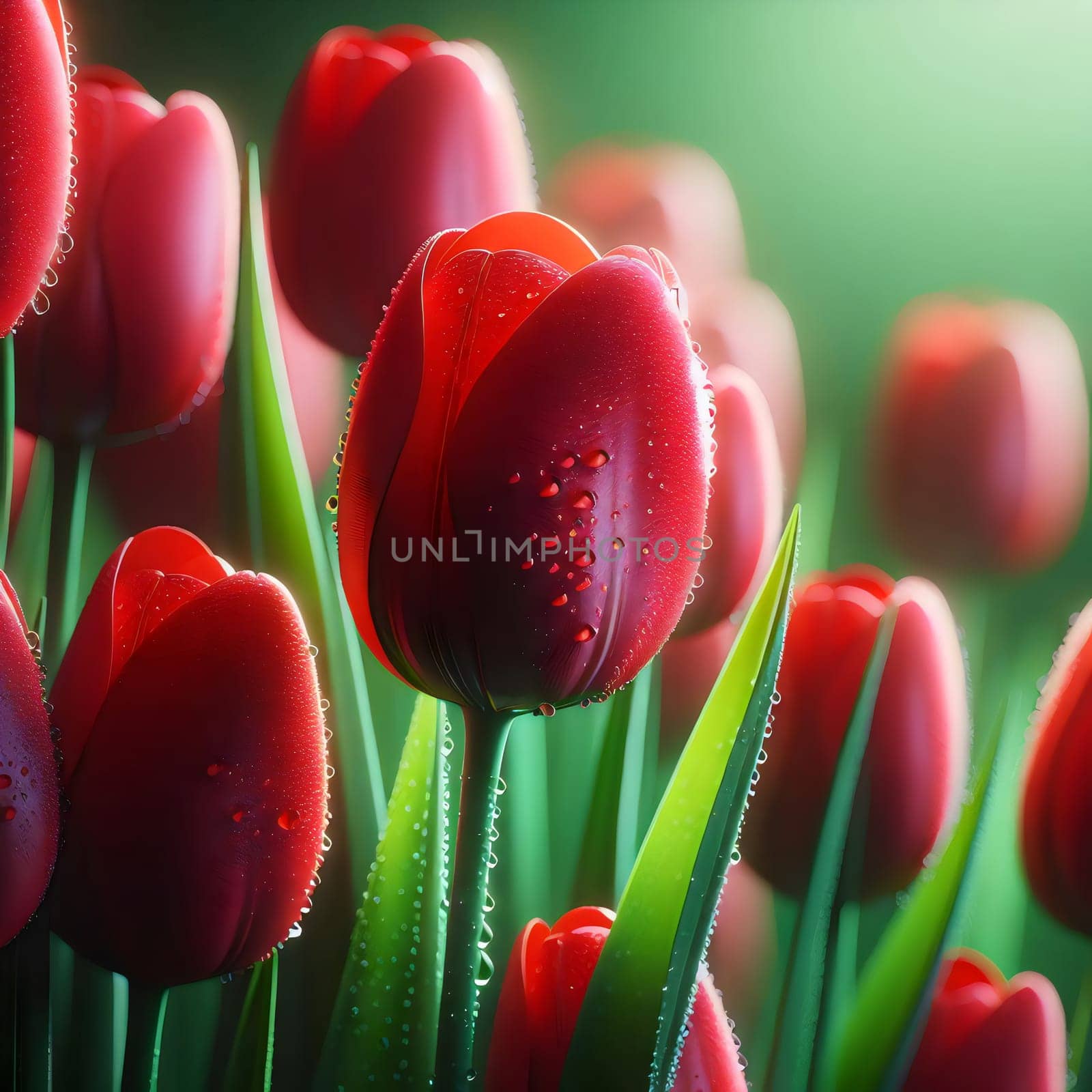 A close-up shot of a single red tulip with water droplets on its petals. The tulip is surrounded by other tulips, creating a vibrant and colorful scene. A high-quality photo.