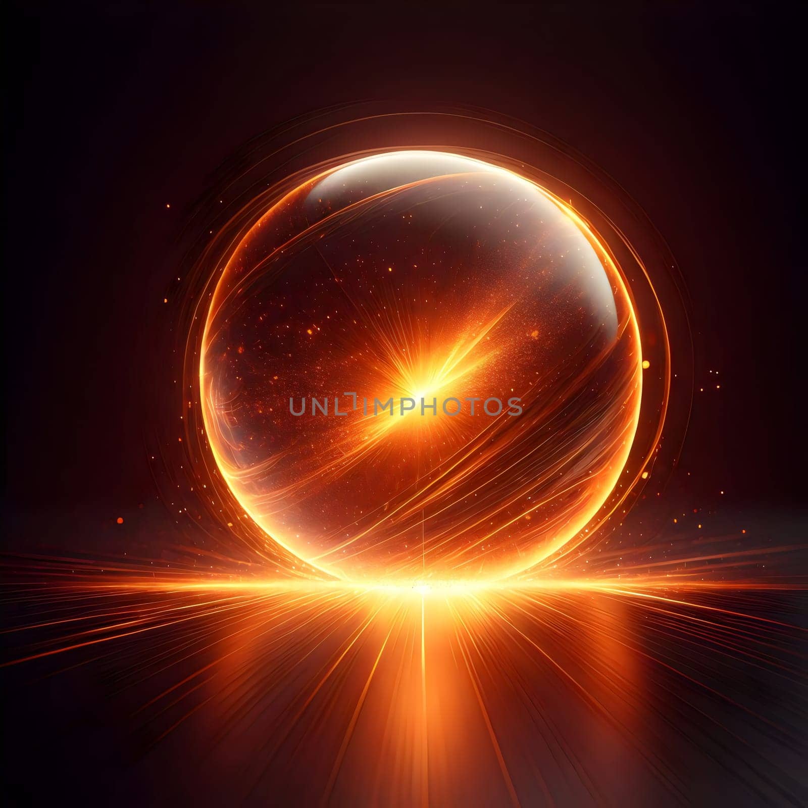 A glowing, orange sphere sits on a dark, reflective surface. The sphere is surrounded by streaks of light, creating a sense of motion and energy. A high-quality photo.
