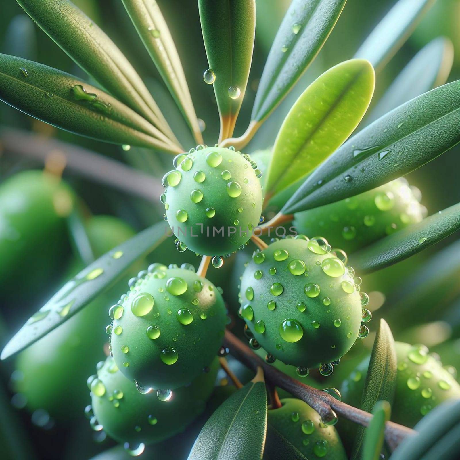 A close-up of green olives on a branch of an olive tree, with water droplets on the olives and leaves. The scene is fresh and vibrant, with a sense of natural beauty. A high-quality photo.