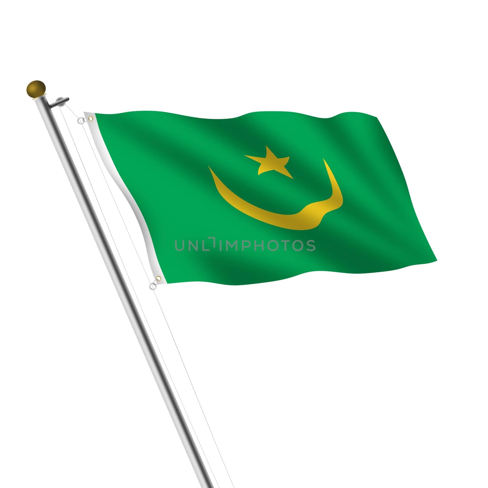 A Mauritania flagpole 3d illustration on white with clipping path green yellow star crescent moon