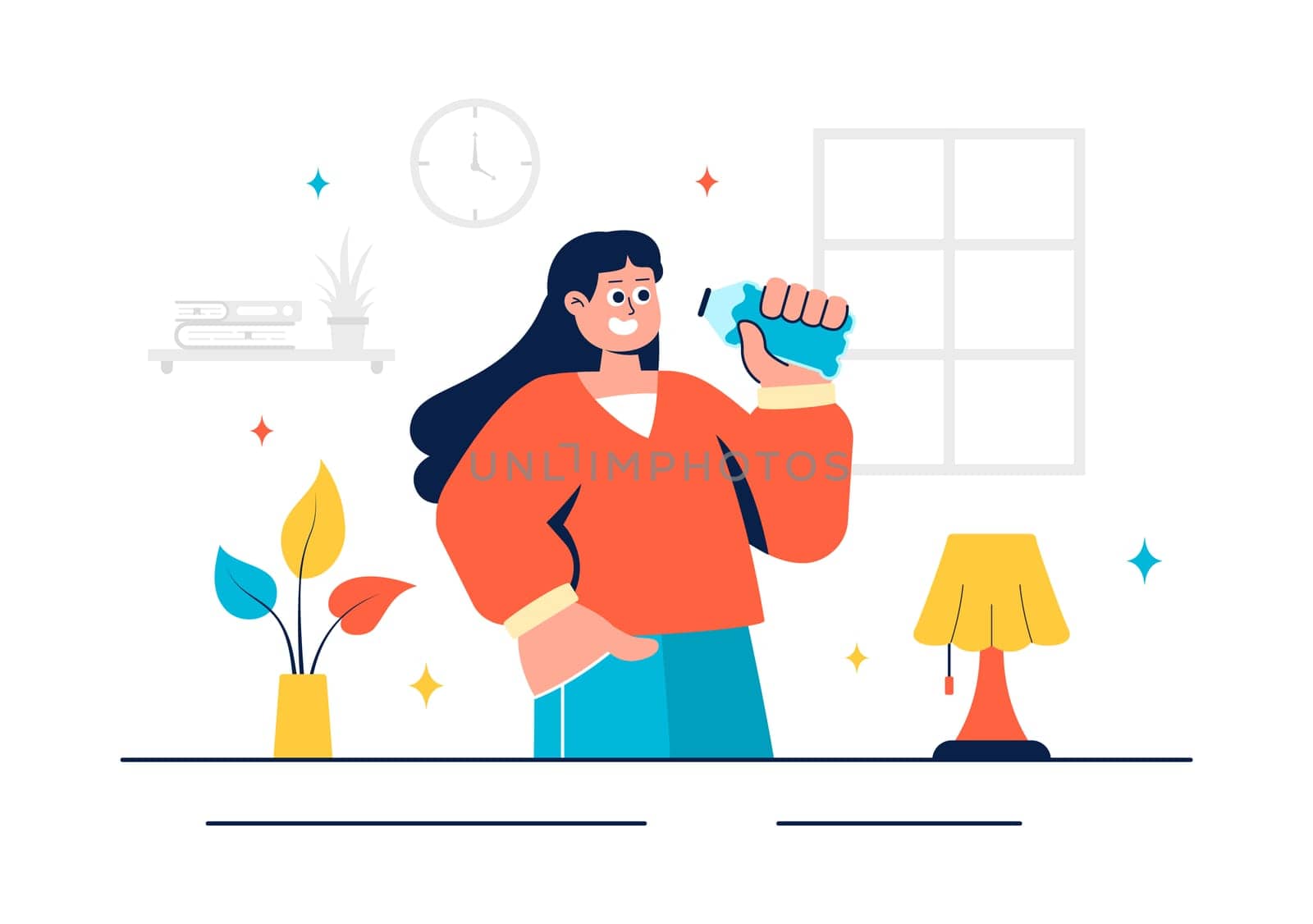 Vector Illustration of People Drinking Water from Plastic Bottles and Glasses, Featuring a Pure and Fresh Concept in a Flat Style Cartoon Background