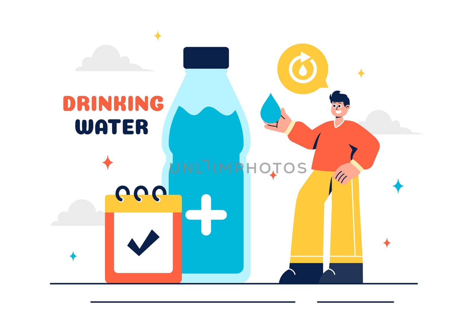 Vector Illustration of People Drinking Water from Plastic Bottles and Glasses, Featuring a Pure and Fresh Concept in a Flat Style Cartoon Background