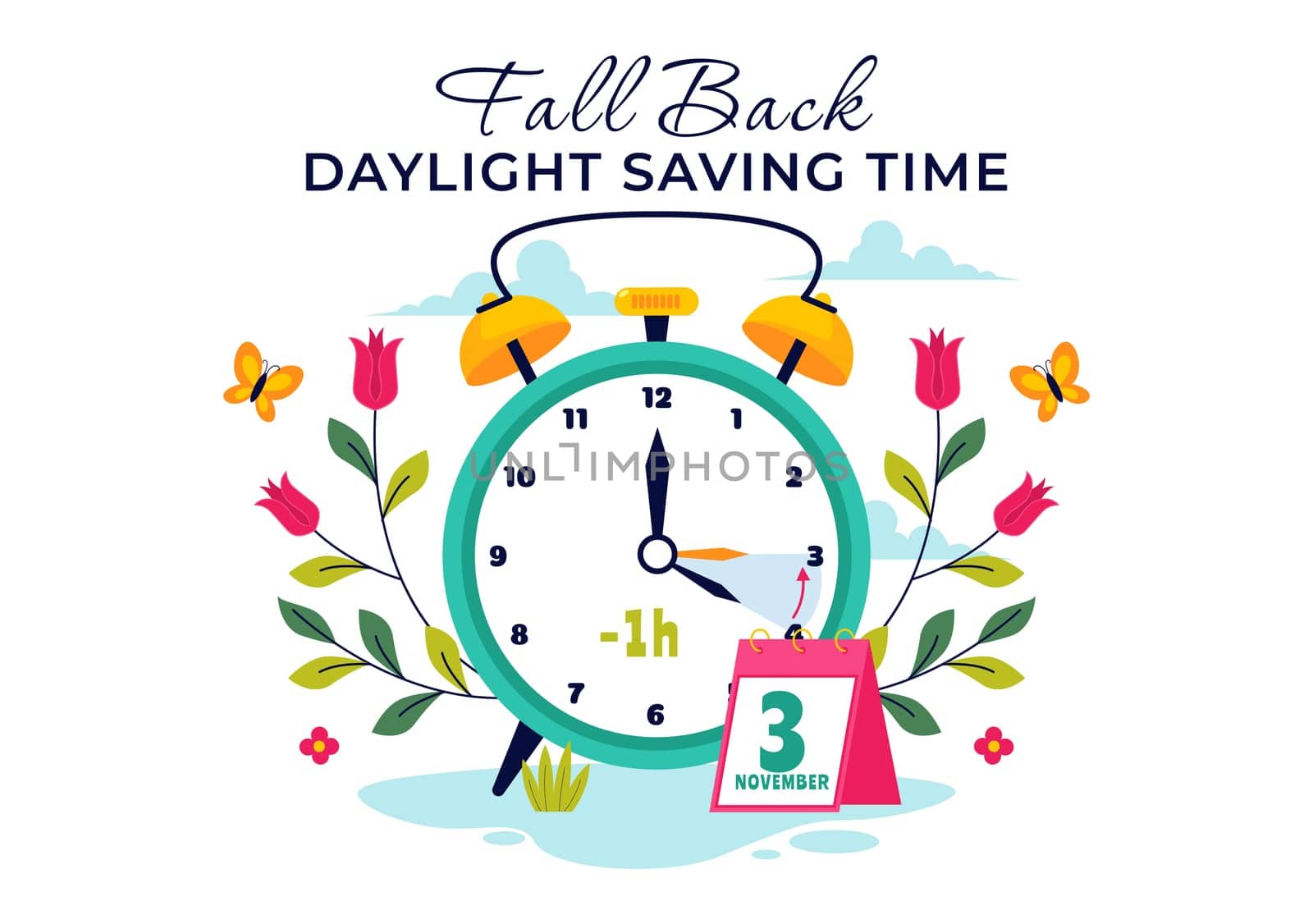 Daylight Saving Time Vector Illustration with Alarm Clock and Calendar Transitioning from Summer to Fall in a Flat Style Cartoon Background Design