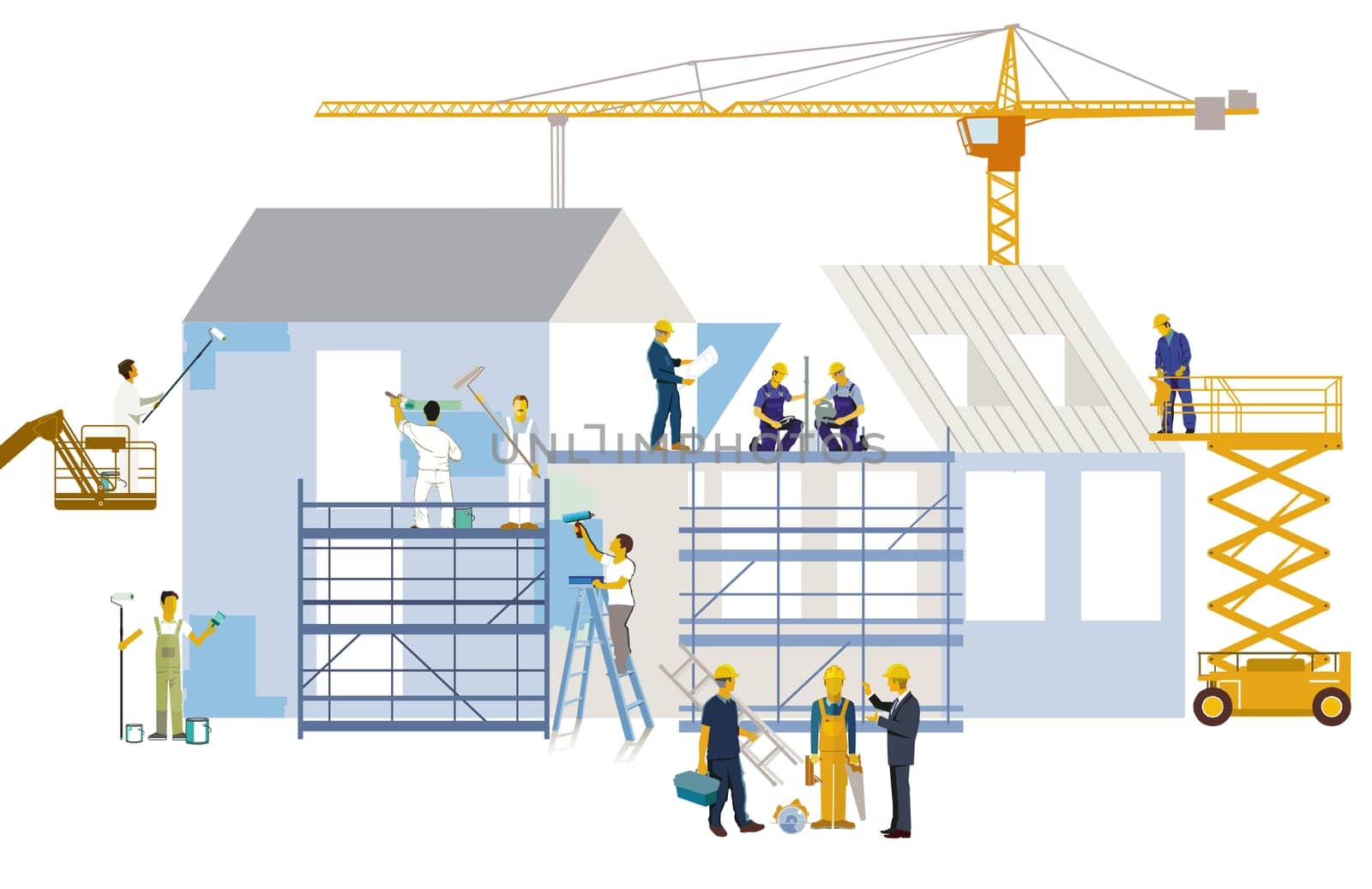 Construction workers on the construction site, illustration