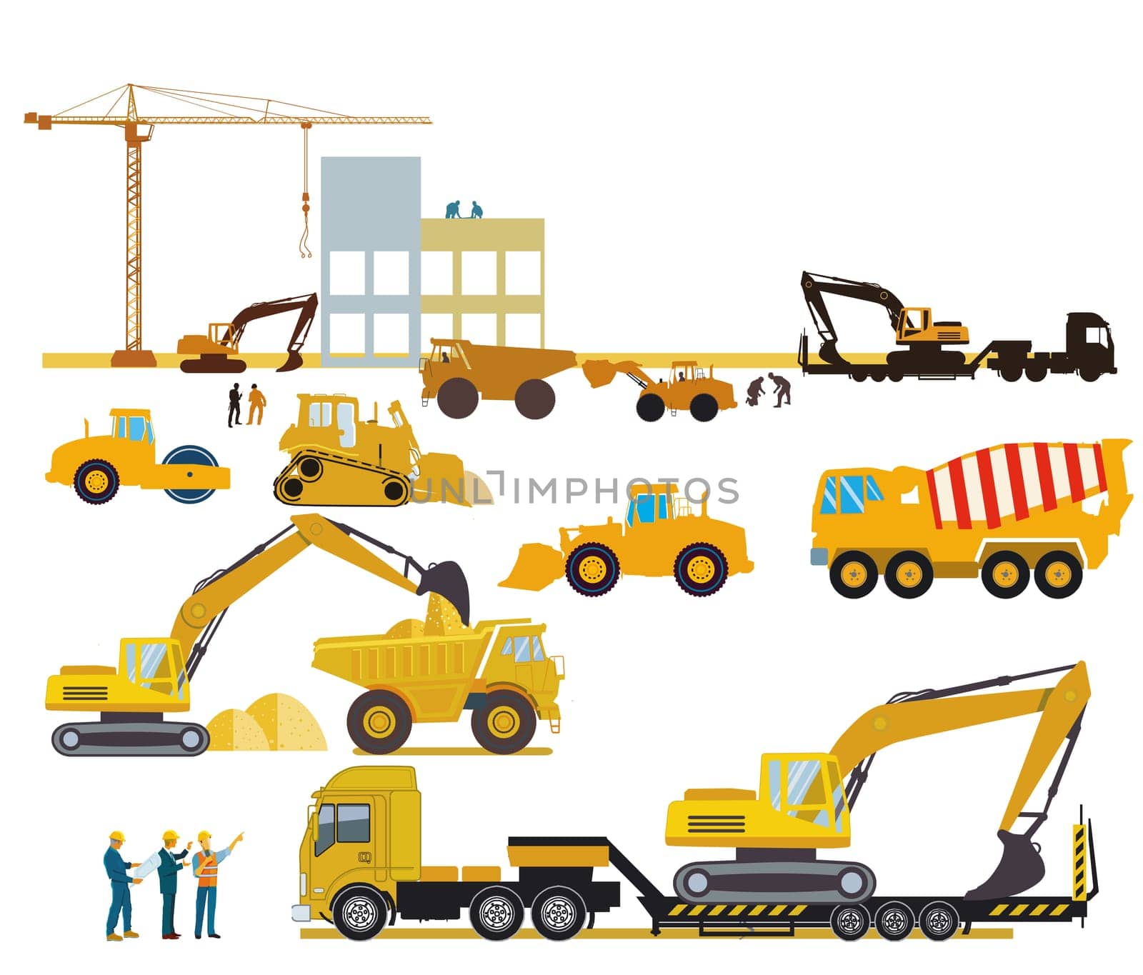Construction machinery on the construction site with construction workers, illustration.