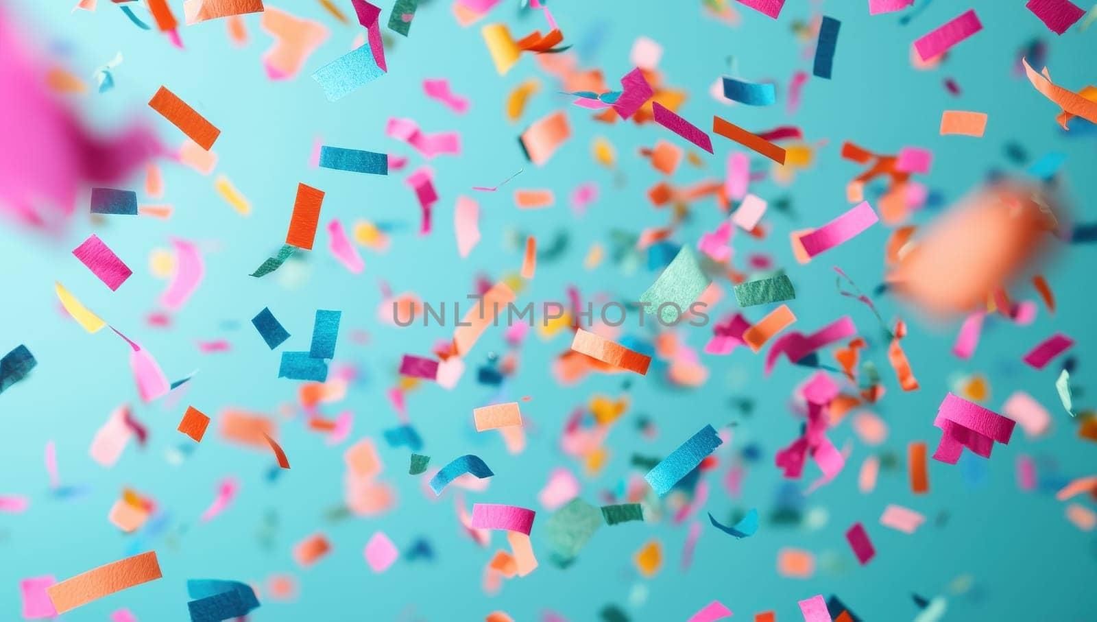 Colorful confetti on a turquoise background. Concept of celebration, party, and festivity.