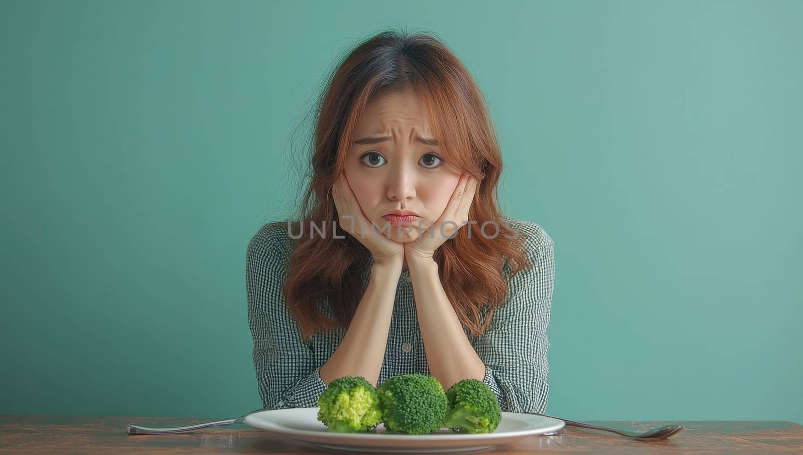 Unhappy woman looking at healthy green apple on table