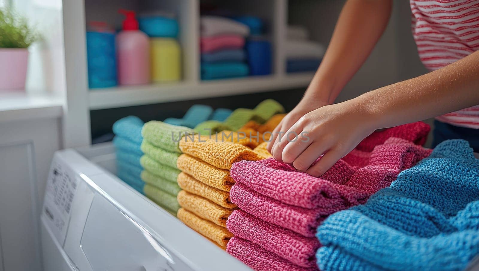 Colorful towels folded neatly on a washing machine. Concept of laundry, household chores, and home organization.