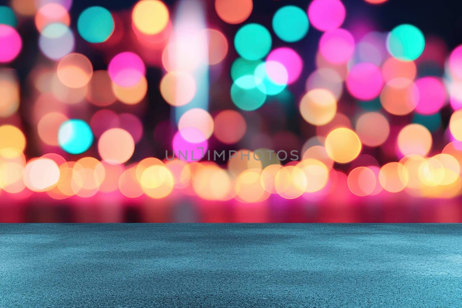 Colorful bokeh lights background with empty table surface