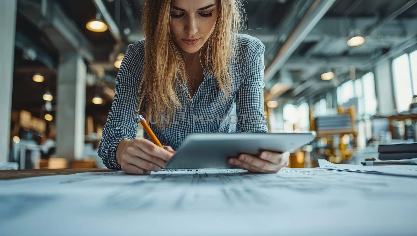 A woman working on a tablet and taking notes in a modern workspace. Concept of productivity and technology.