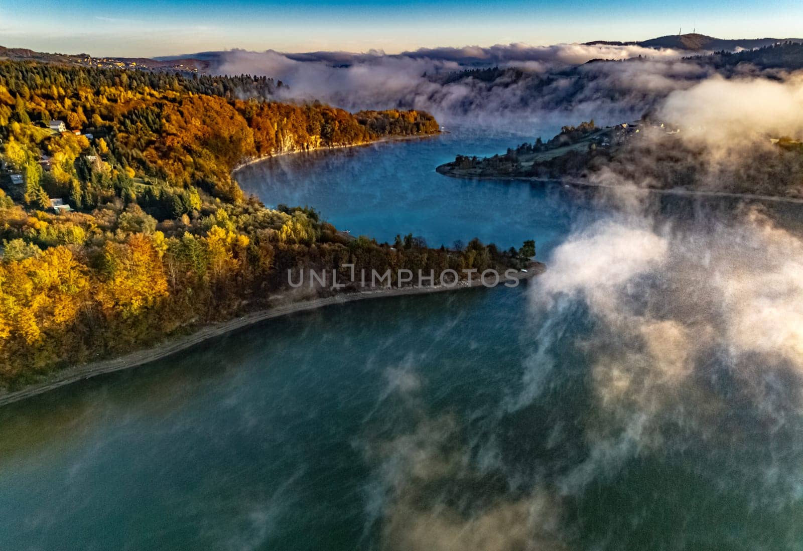 Aerial view of Lake Solina near the village of Zawoz in Bieszczady Mountains, Poland