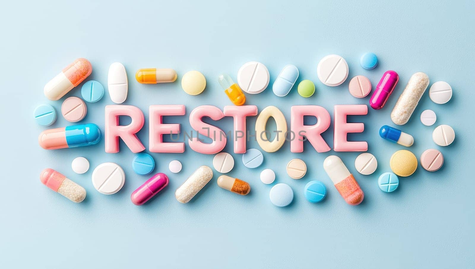 Assorted pills and tablets spelling RESTORE