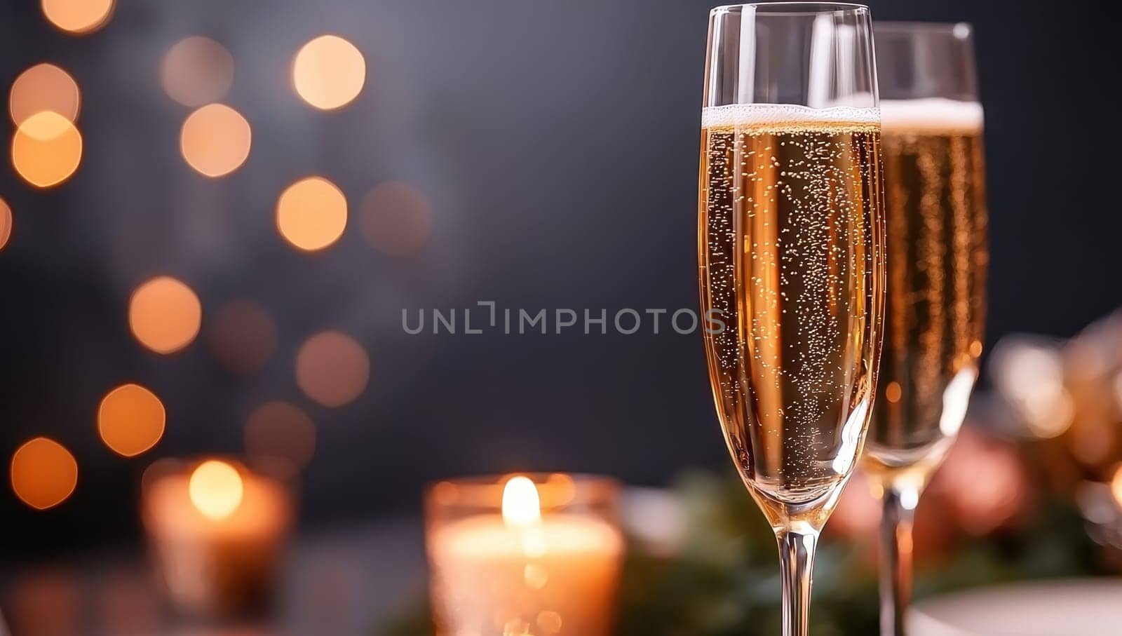 Champagne glasses with sparkling wine against festive lights. Concept of celebration, party, and holiday cheer.