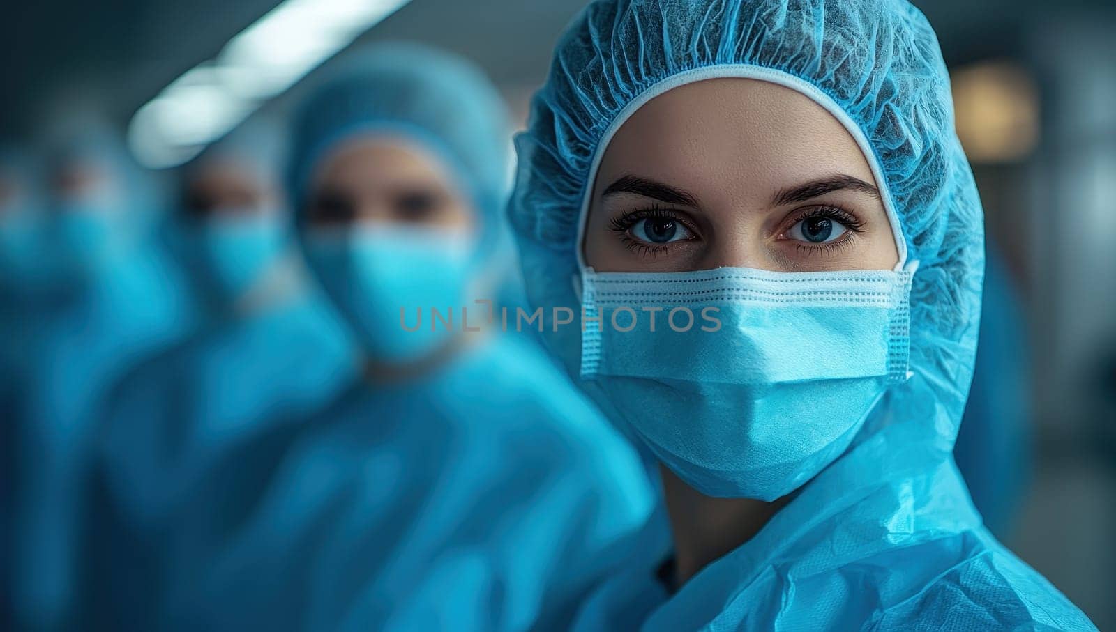 Medical professionals in surgical attire, focused on patient care. Concept of healthcare and teamwork.