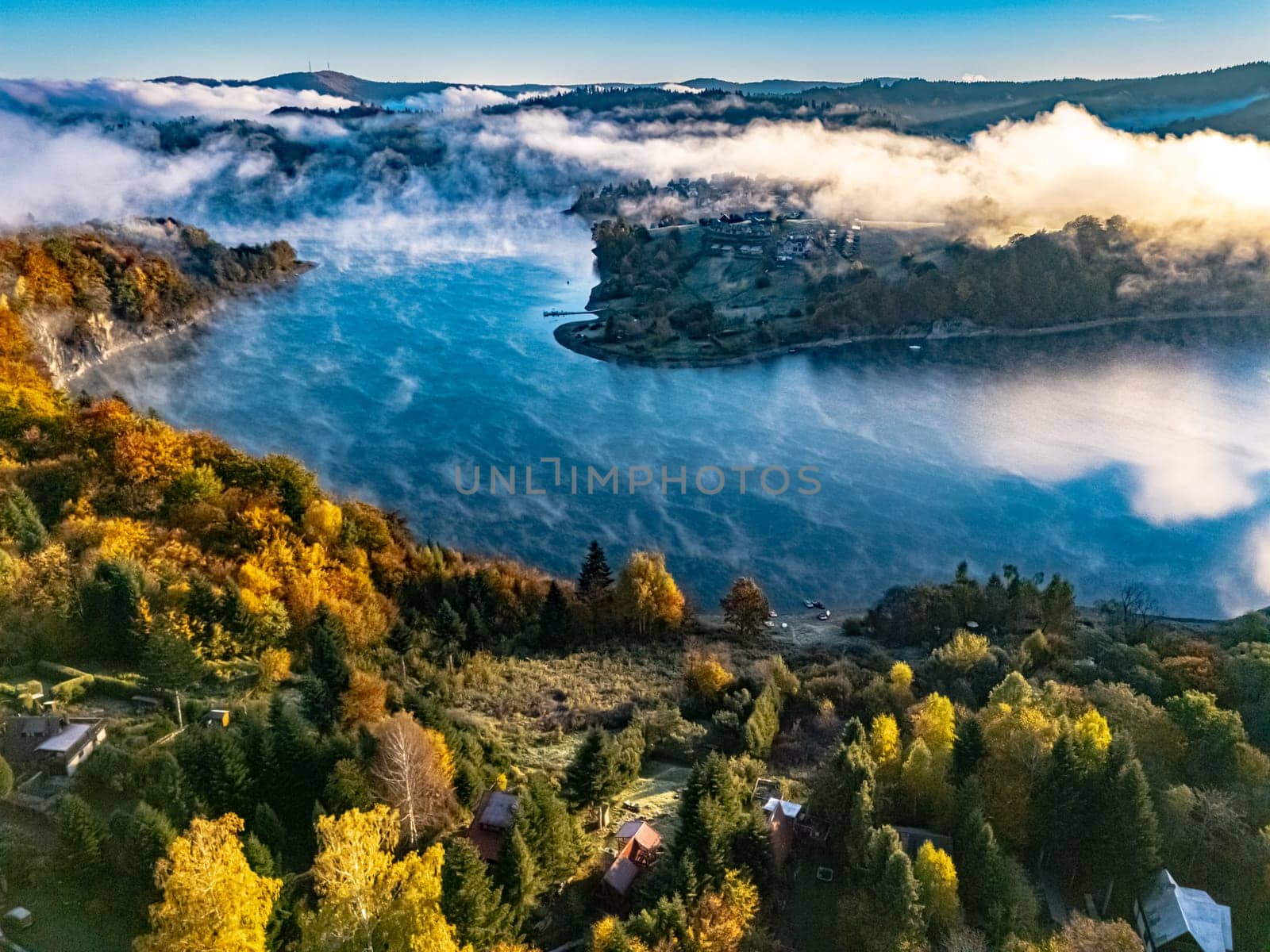 Aerial view of Lake Solina near the village of Zawoz in Bieszczady Mountains, Poland