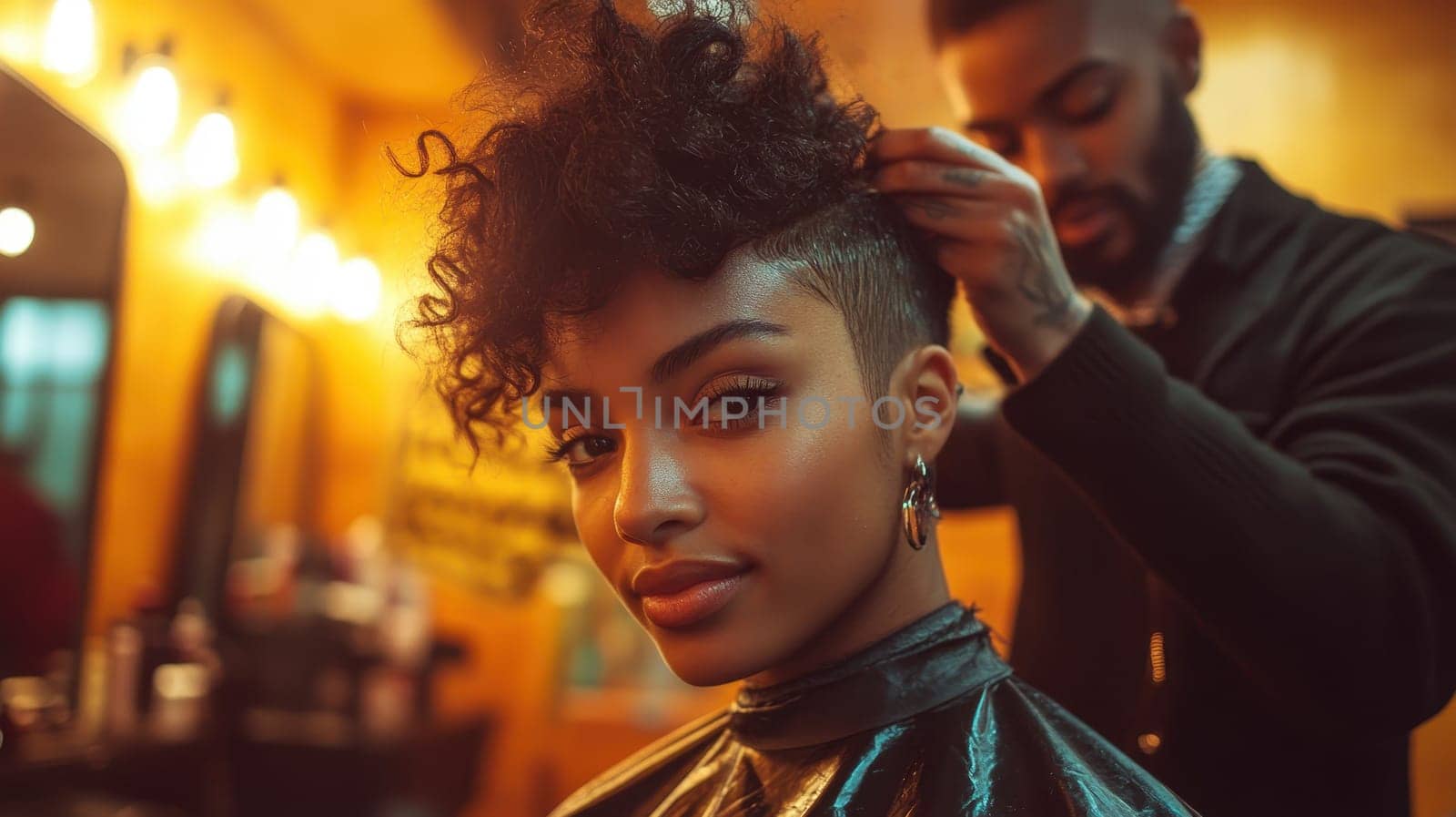 Woman Getting Trendy Haircut at Barbershop, Beauty and Style
