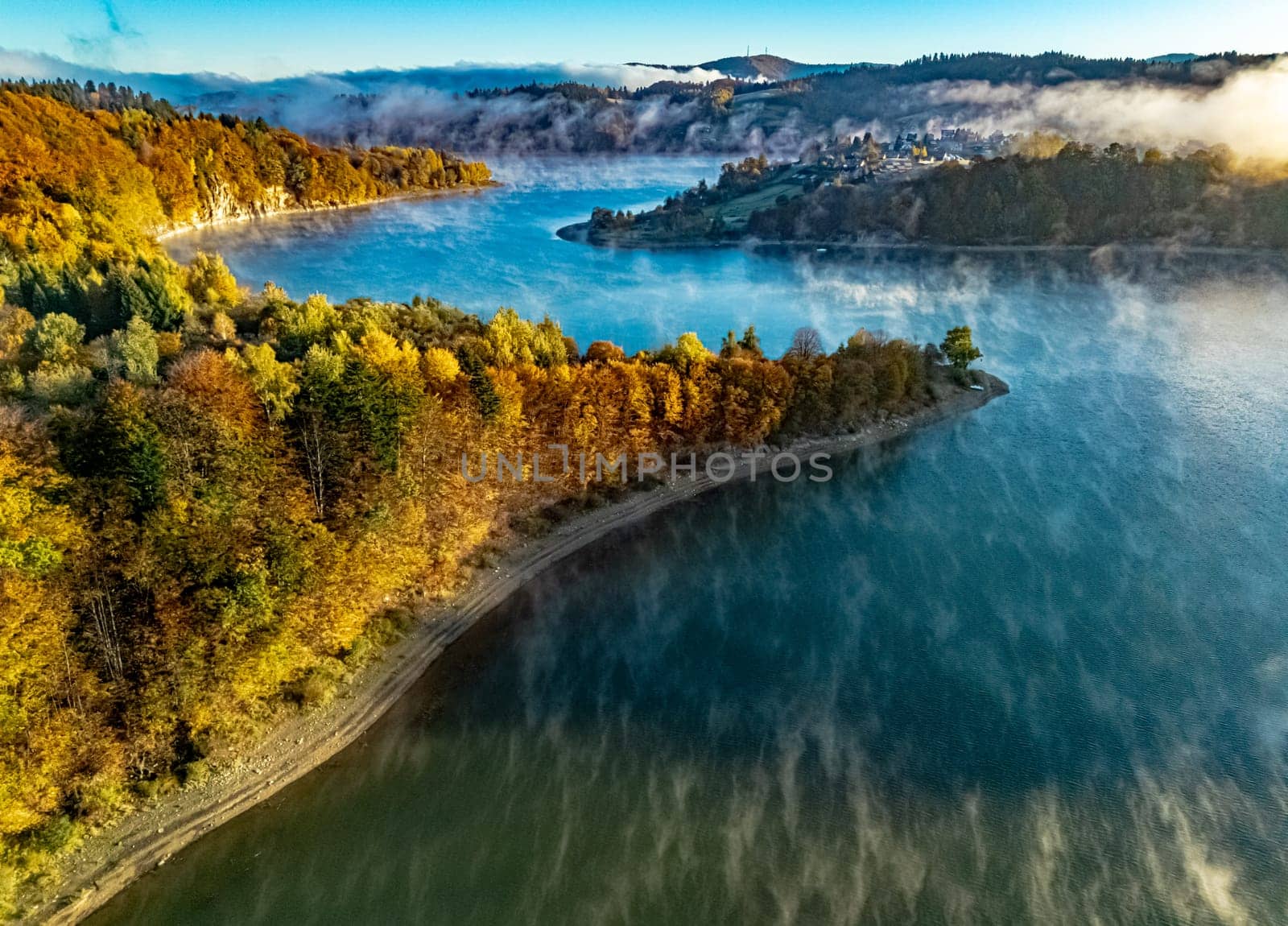 Aerial view of Lake Solina near the village of Zawoz in Bieszczady Mountains, Poland