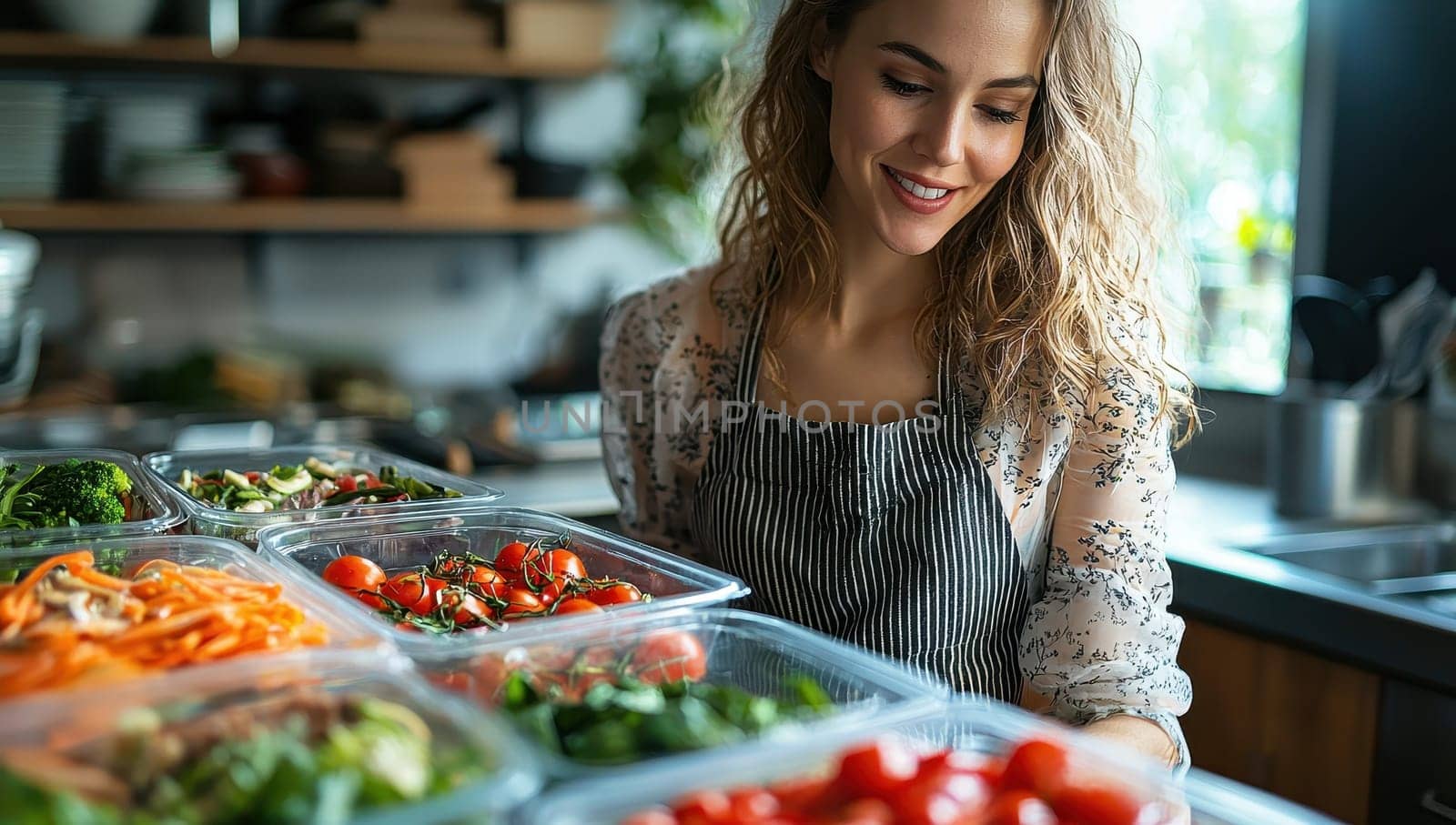 A woman preparing healthy meals in a modern kitchen. Concept of nutrition and cooking.