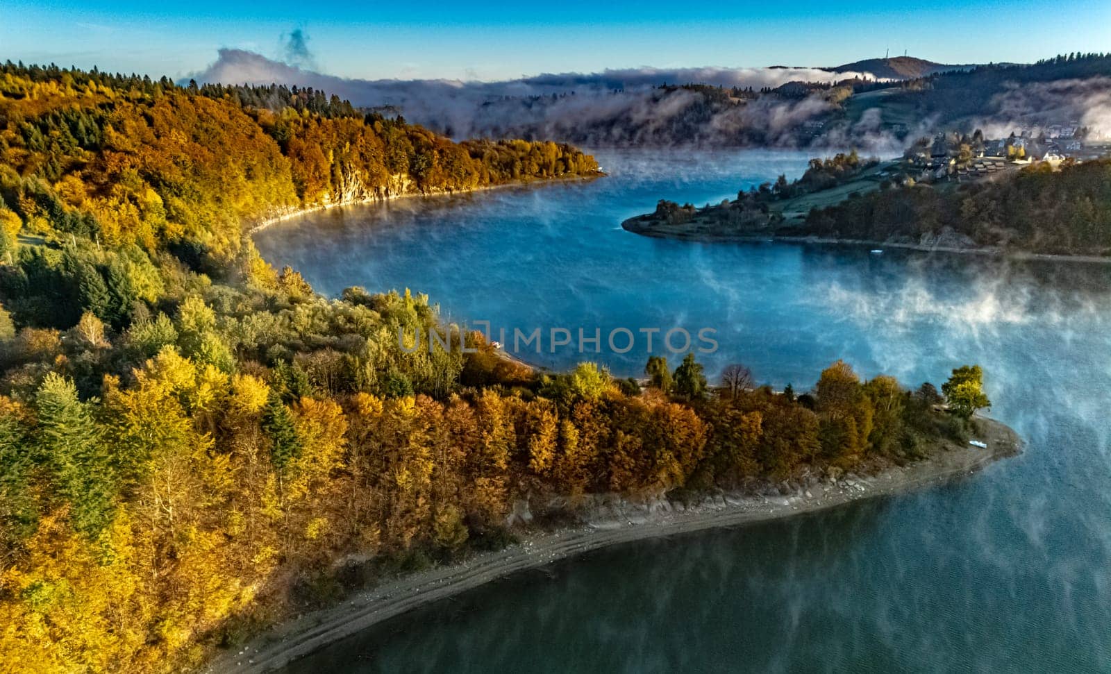 Aerial view of Lake Solina near the village of Zawoz in Bieszczady Mountains, Poland