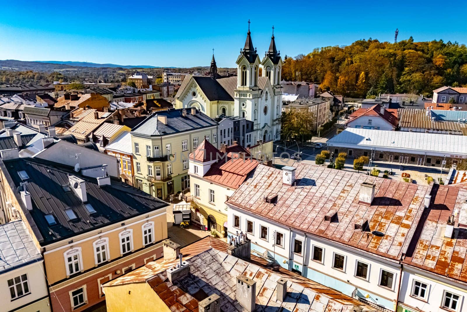 SANOK, POL - OCT 17, 2024: Aerial view of the sity of Sanok in Bieszczady Mountains, Poland