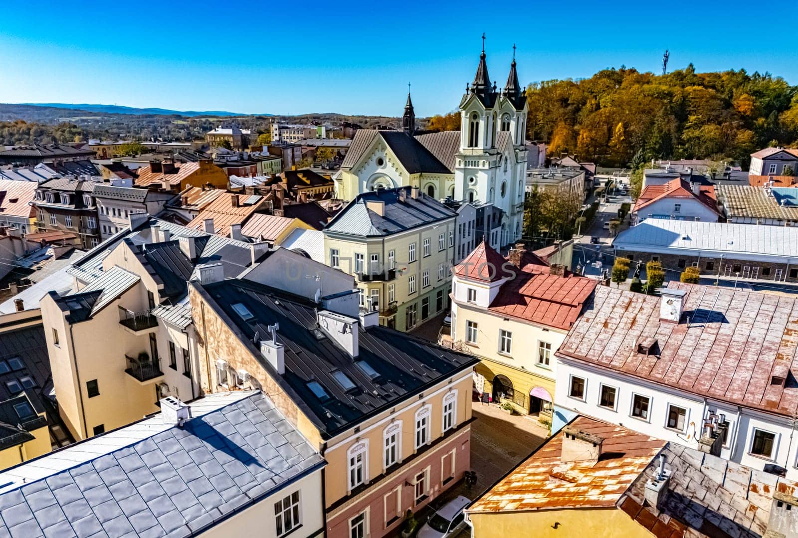 SANOK, POL - OCT 17, 2024: Aerial view of the sity of Sanok in Bieszczady Mountains, Poland