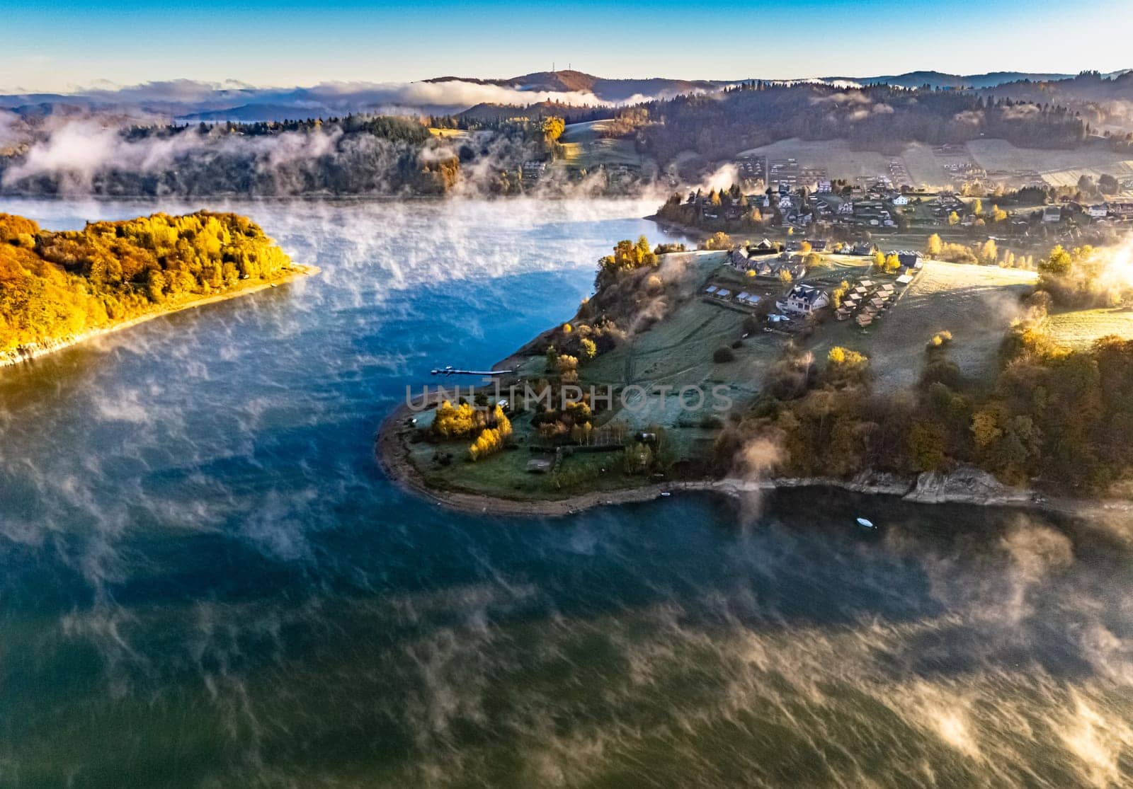 Aerial view of Lake Solina near the village of Zawoz in Bieszczady Mountains, Poland