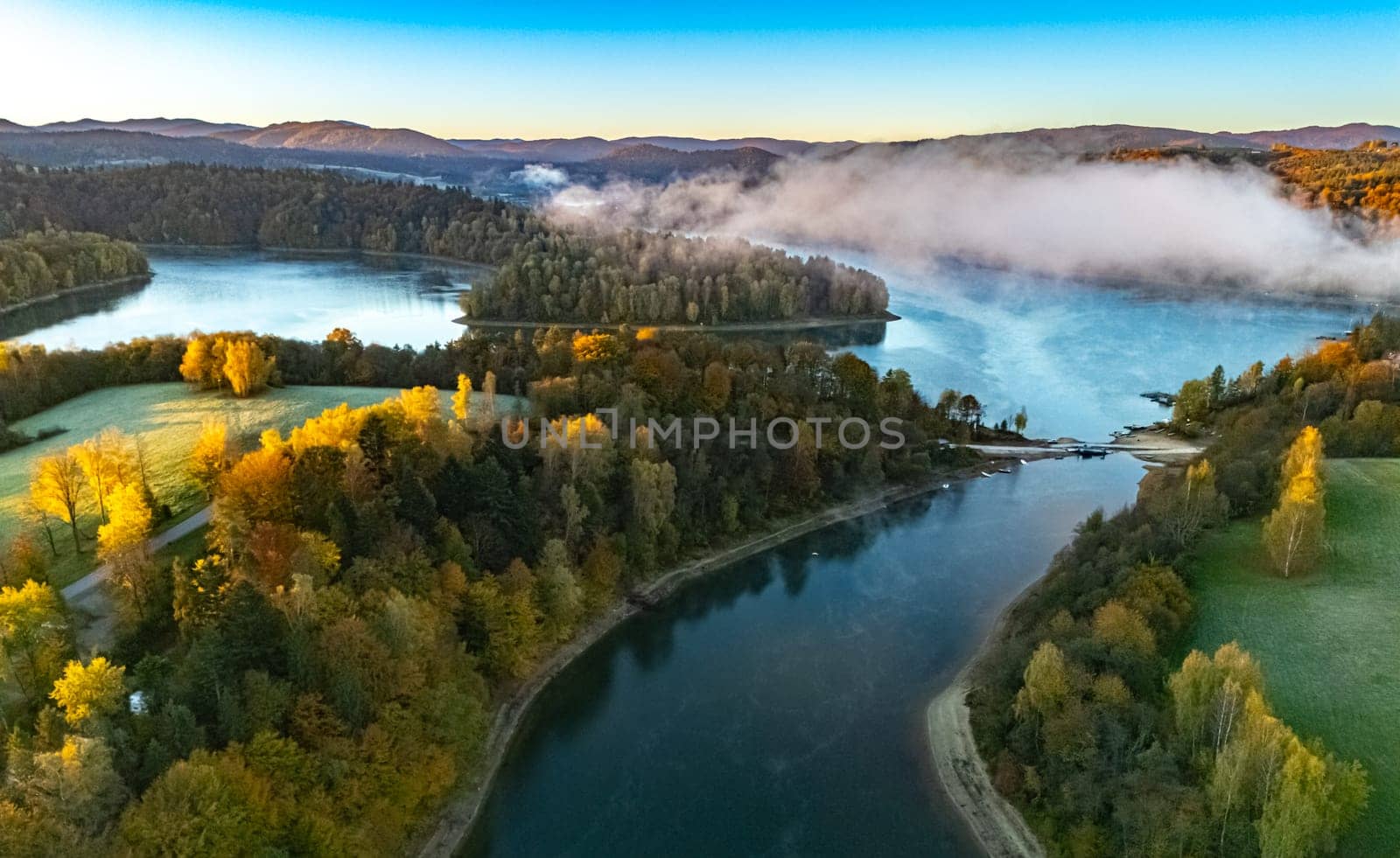 Aerial view of Lake Solina near the village of Zawoz in Bieszczady Mountains, Poland