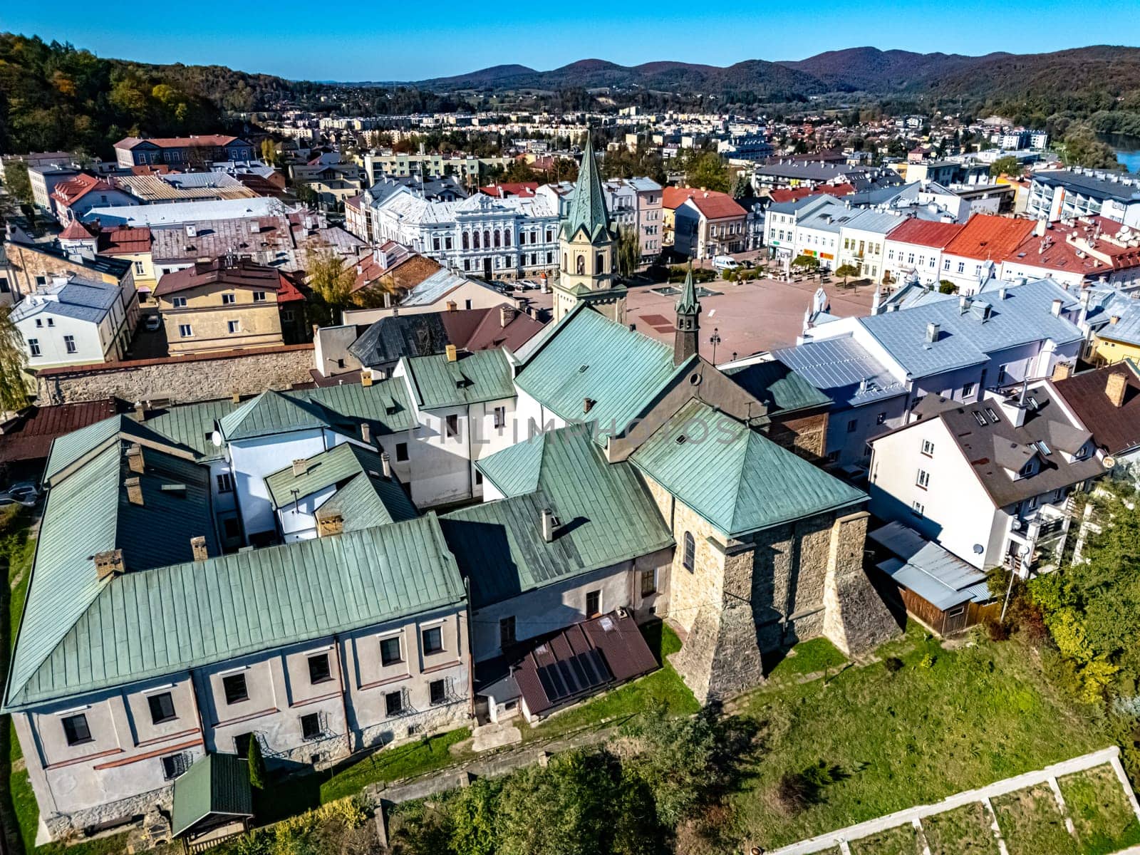 SANOK, POL - OCT 17, 2024: Aerial view of the sity of Sanok in Bieszczady Mountains, Poland