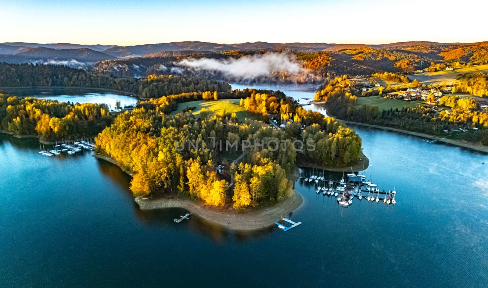 Aerial view of Lake Solina near the village of Zawoz in Bieszczady Mountains, Poland