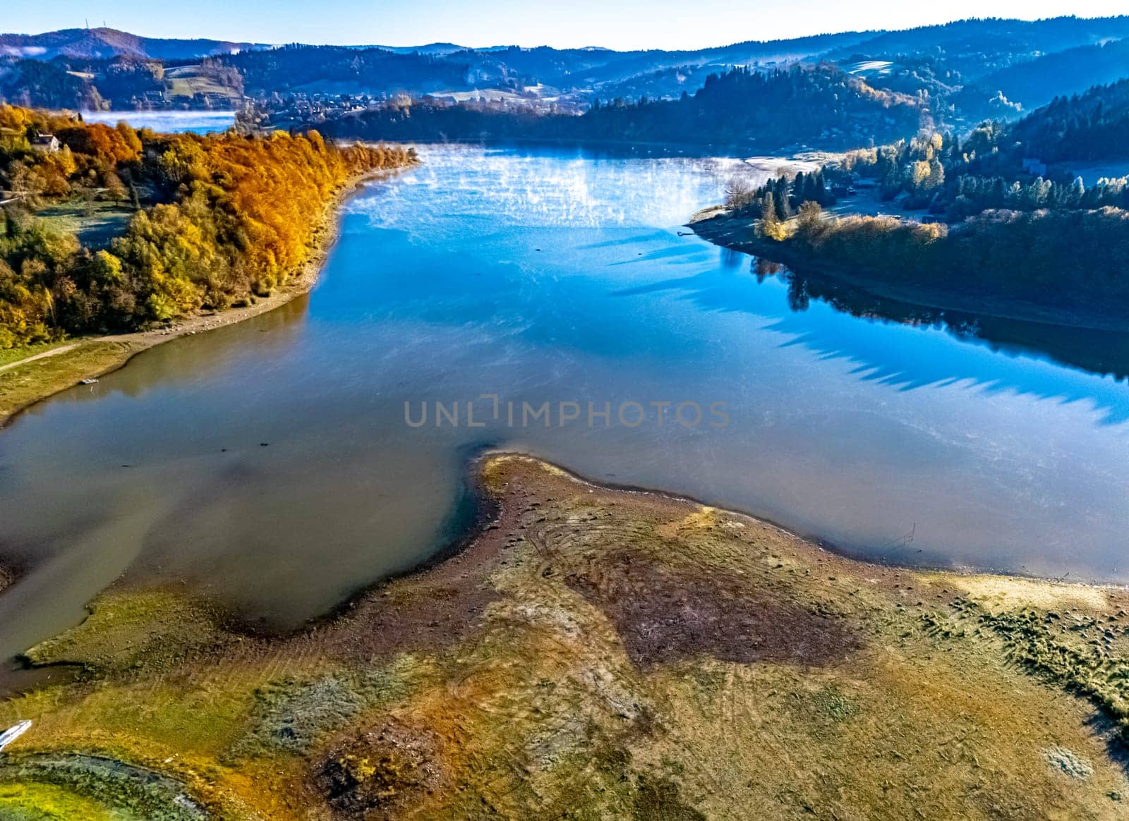 Aerial view of Lake Solina near the village of Zawoz in Bieszczady Mountains, Poland