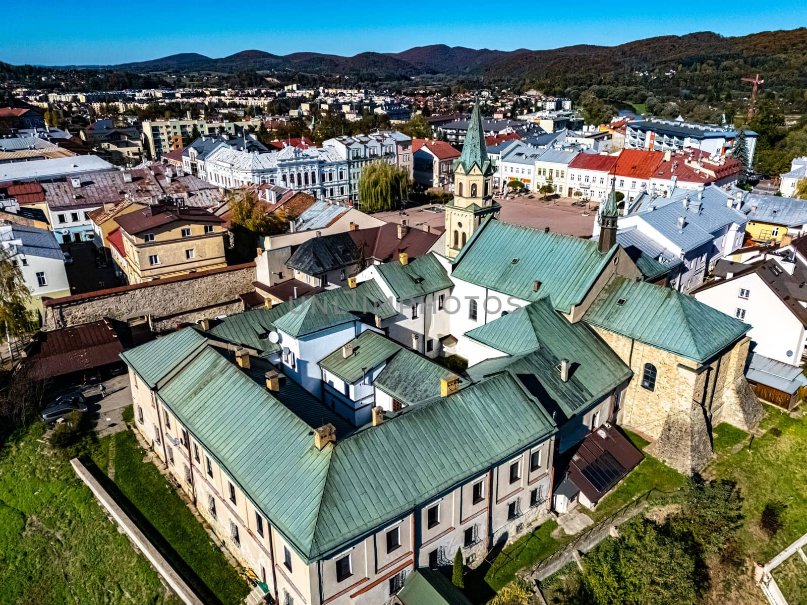 SANOK, POL - OCT 17, 2024: Aerial view of the sity of Sanok in Bieszczady Mountains, Poland