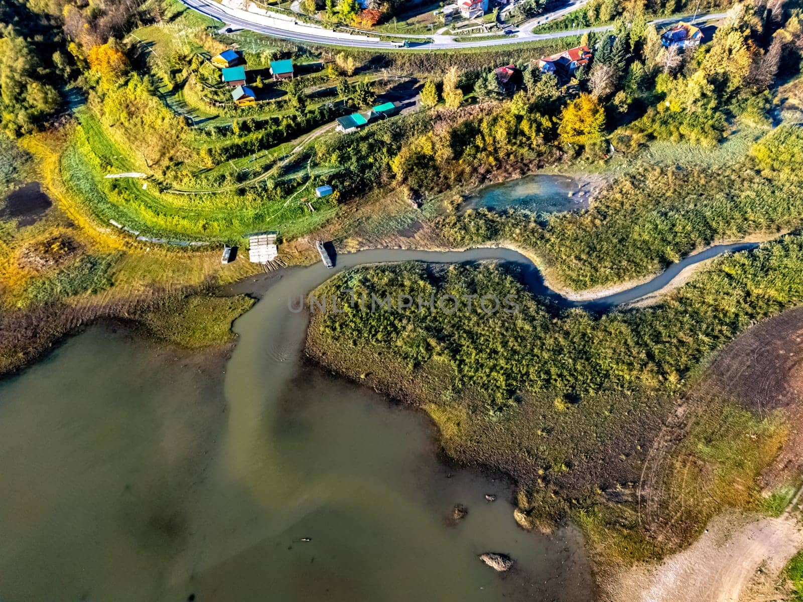 Aerial view of Lake Solina near the village of Zawoz in Bieszczady Mountains, Poland