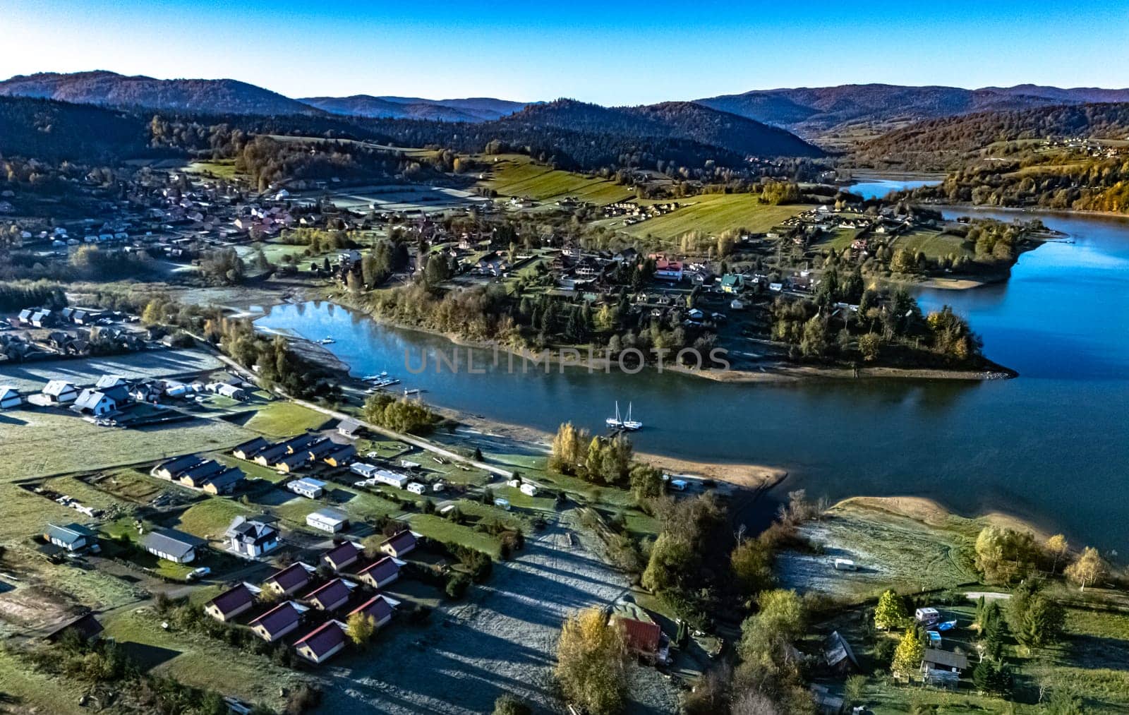 Aerial view of Lake Solina near the village of Zawoz in Bieszczady Mountains, Poland