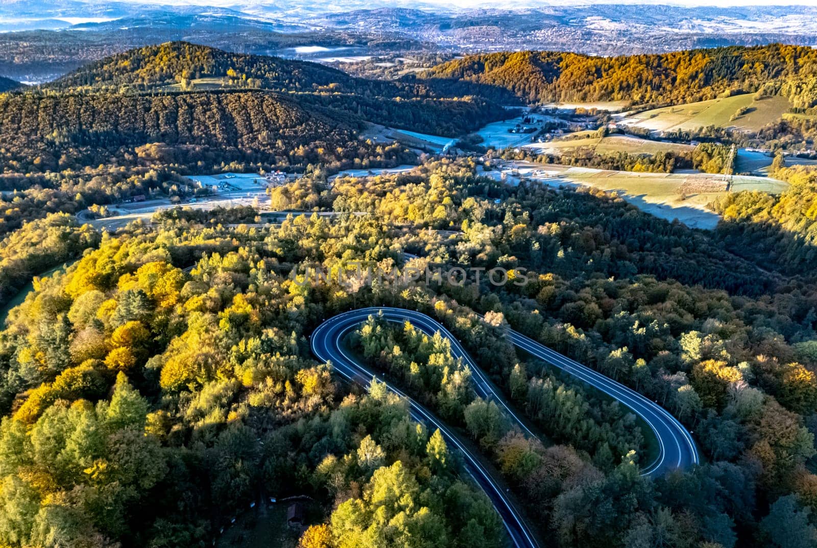 Serpentine road in Slonne Mountains near Sanok in Bieszczady Poland