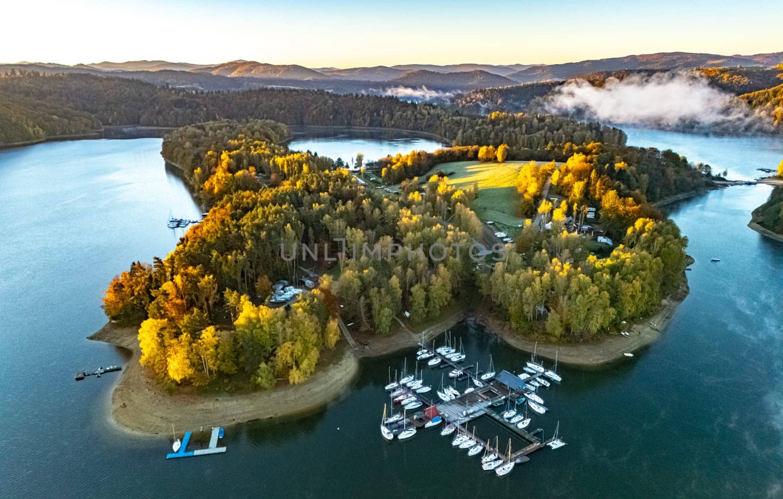 Aerial view of Lake Solina near the village of Zawoz in Bieszczady Mountains, Poland