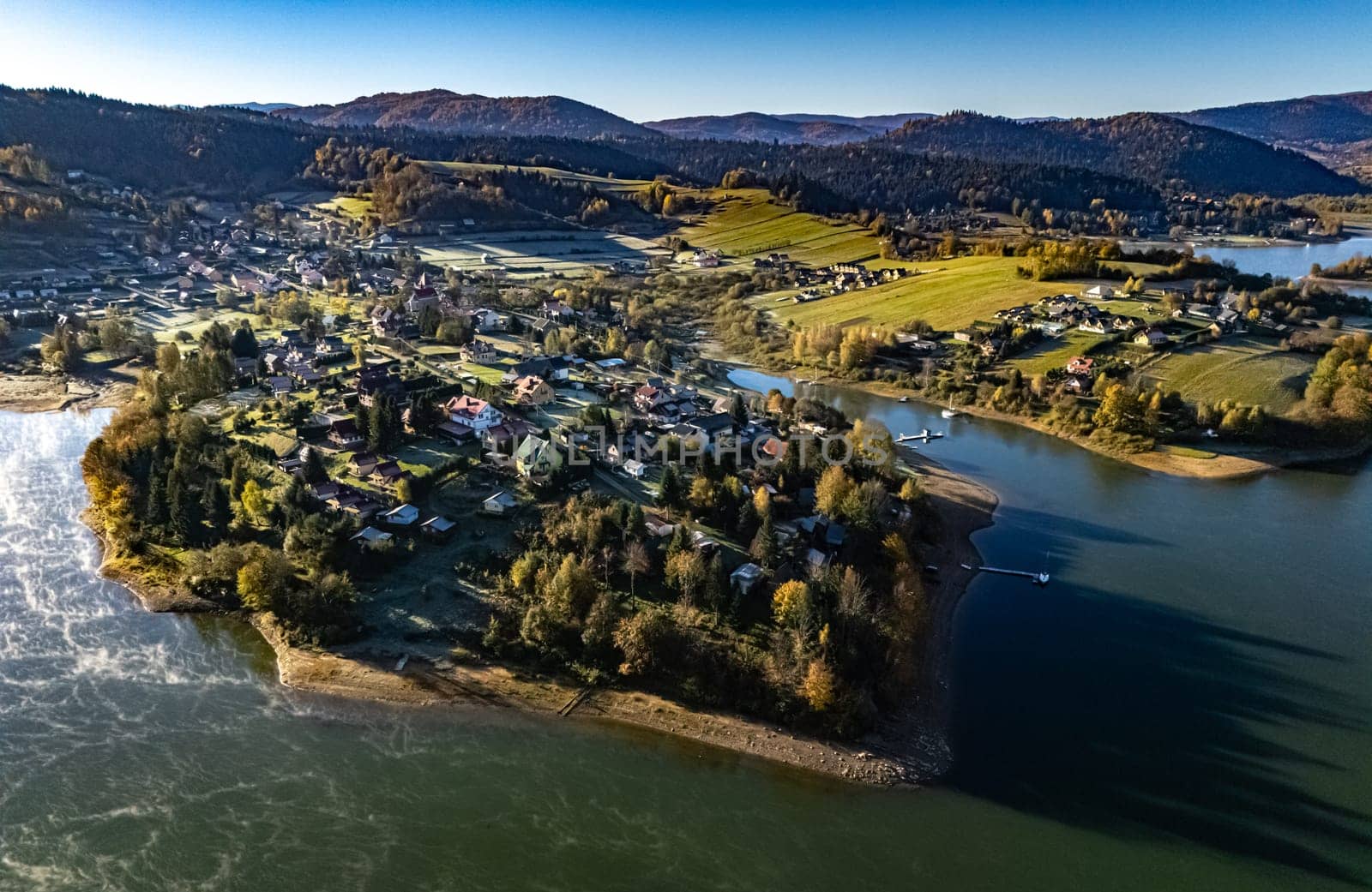 Aerial view of Lake Solina near the village of Zawoz in Bieszczady Mountains, Poland