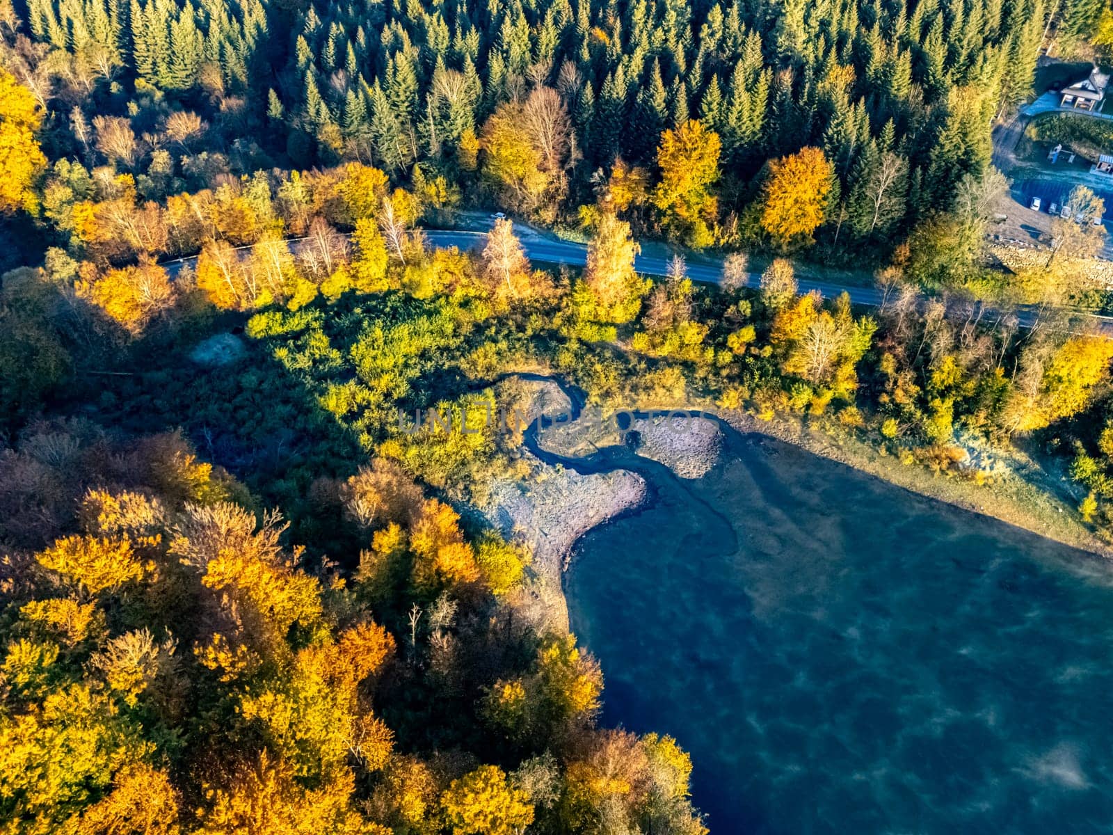 Aerial view of Lake Solina near the village of Zawoz in Bieszczady Mountains, Poland