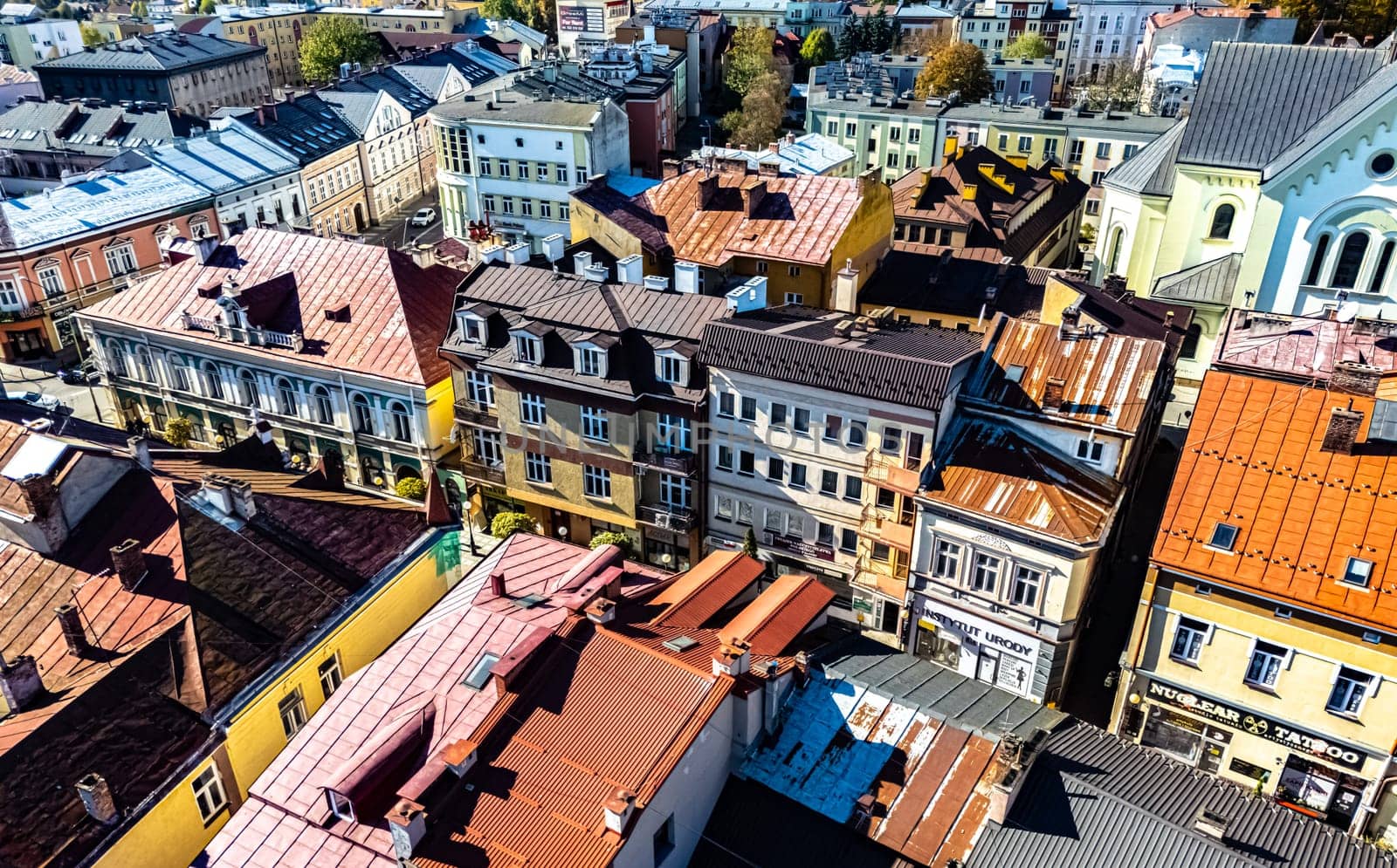 SANOK, POL - OCT 17, 2024: Aerial view of the sity of Sanok in Bieszczady Mountains, Poland