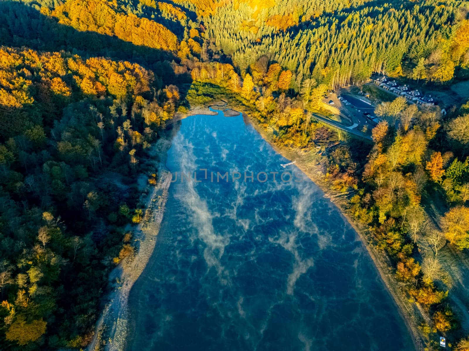 Aerial view of Lake Solina near the village of Zawoz in Bieszczady Mountains, Poland